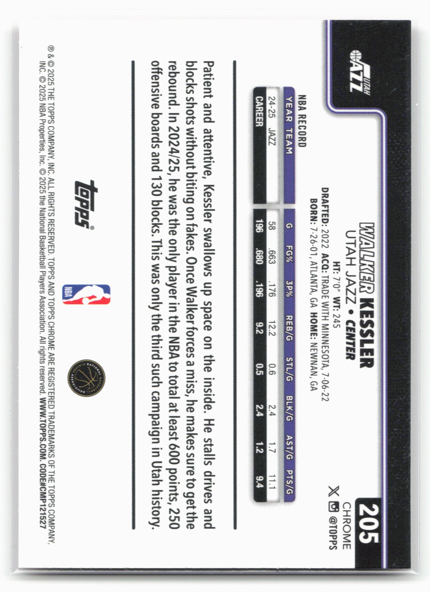 2025-26 Topps Chrome #205 Walker Kessler Refractors Magenta /399