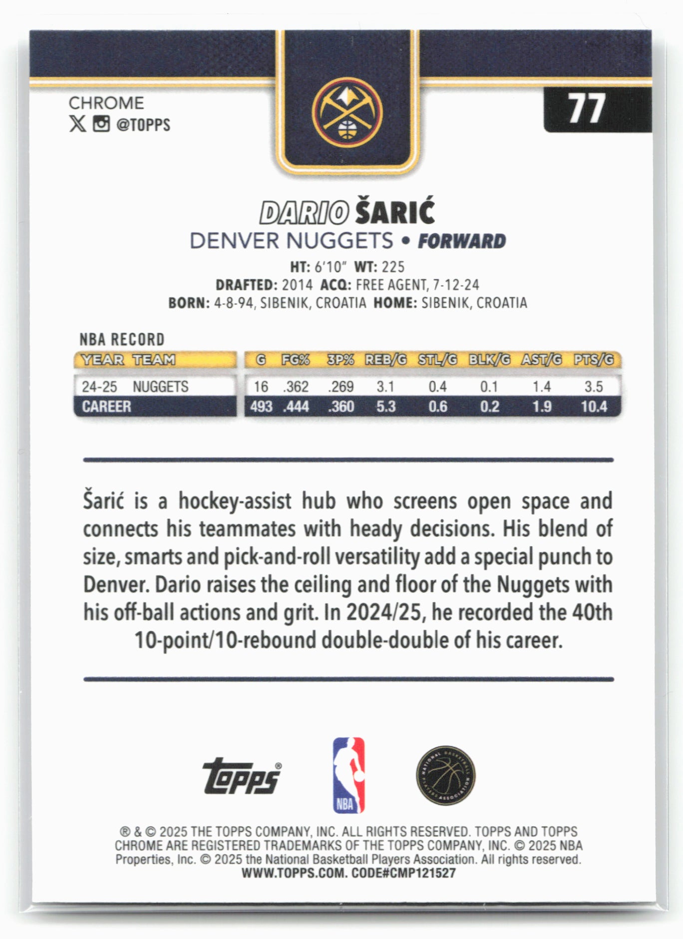 2025-26 Topps Chrome #77 Dario Šarić X-Fractors