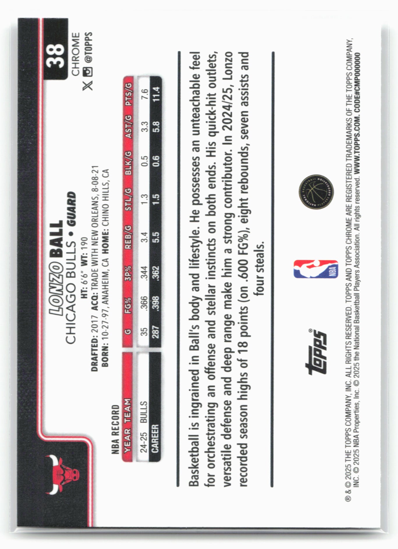 2025-26 Topps Chrome #38 Lonzo Ball X-Fractors