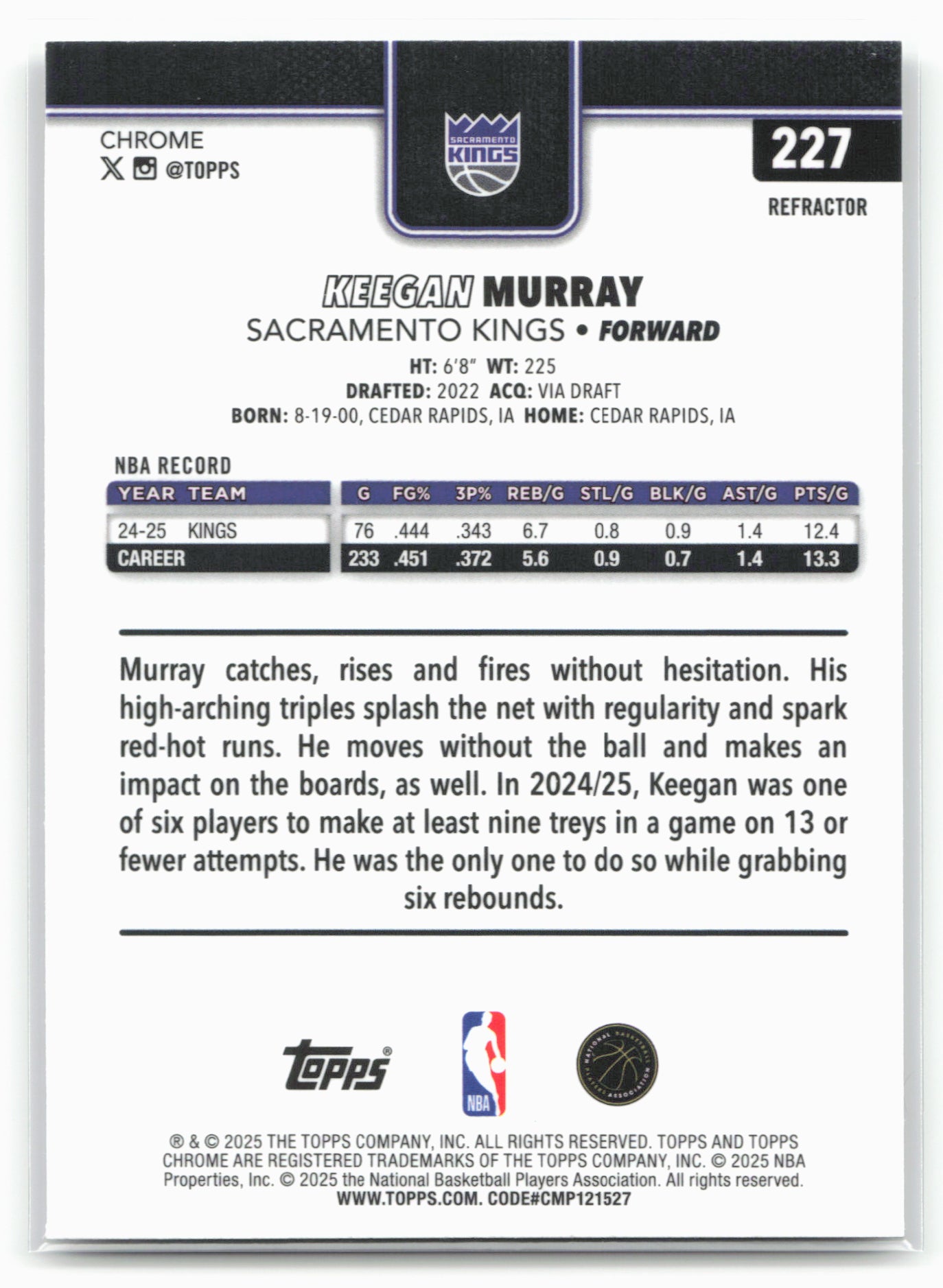 2025-26 Topps Chrome #227 Keegan Murray Refractors