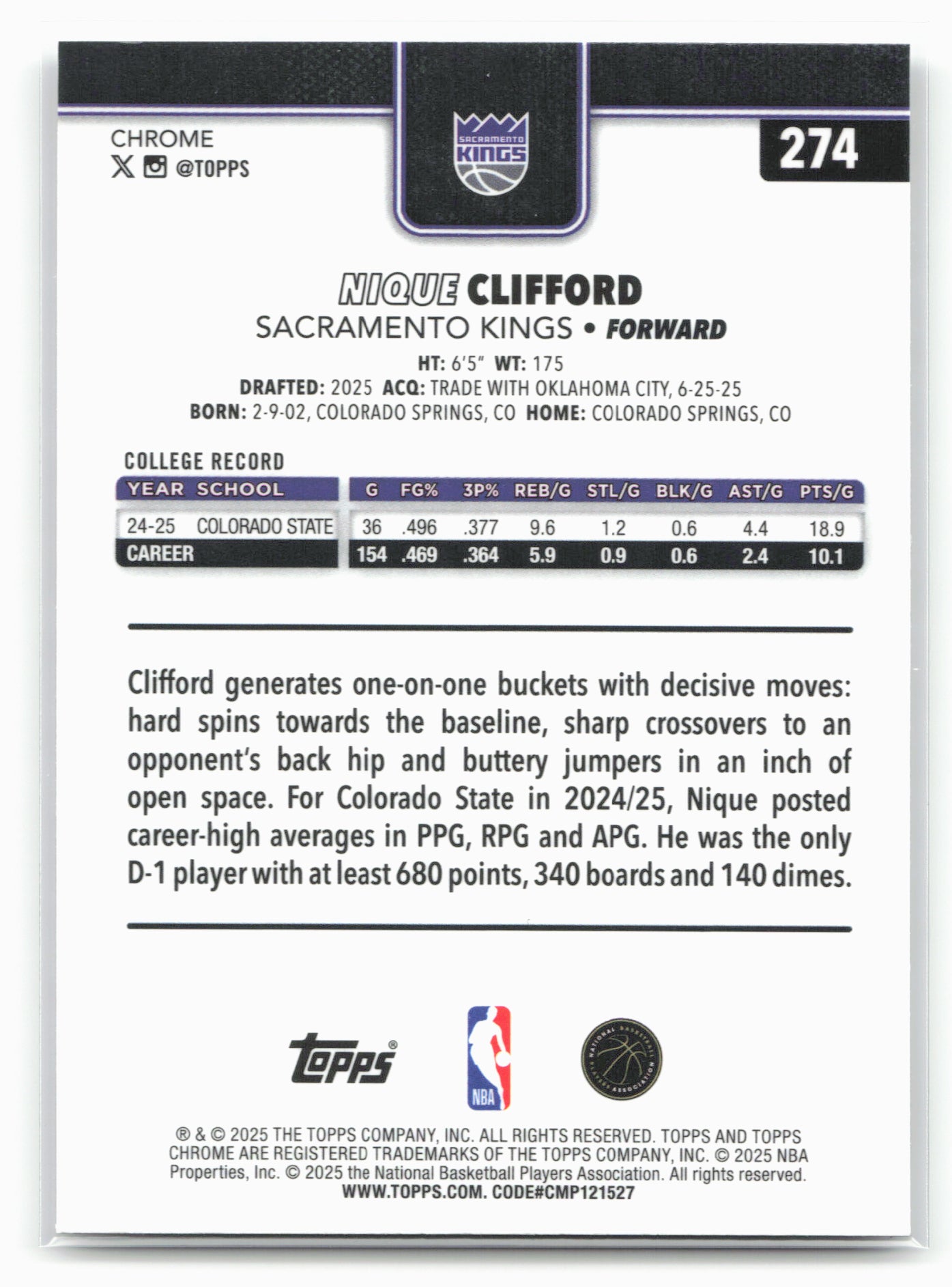 2025-26 Topps Chrome #274 Nique Clifford X-Fractors