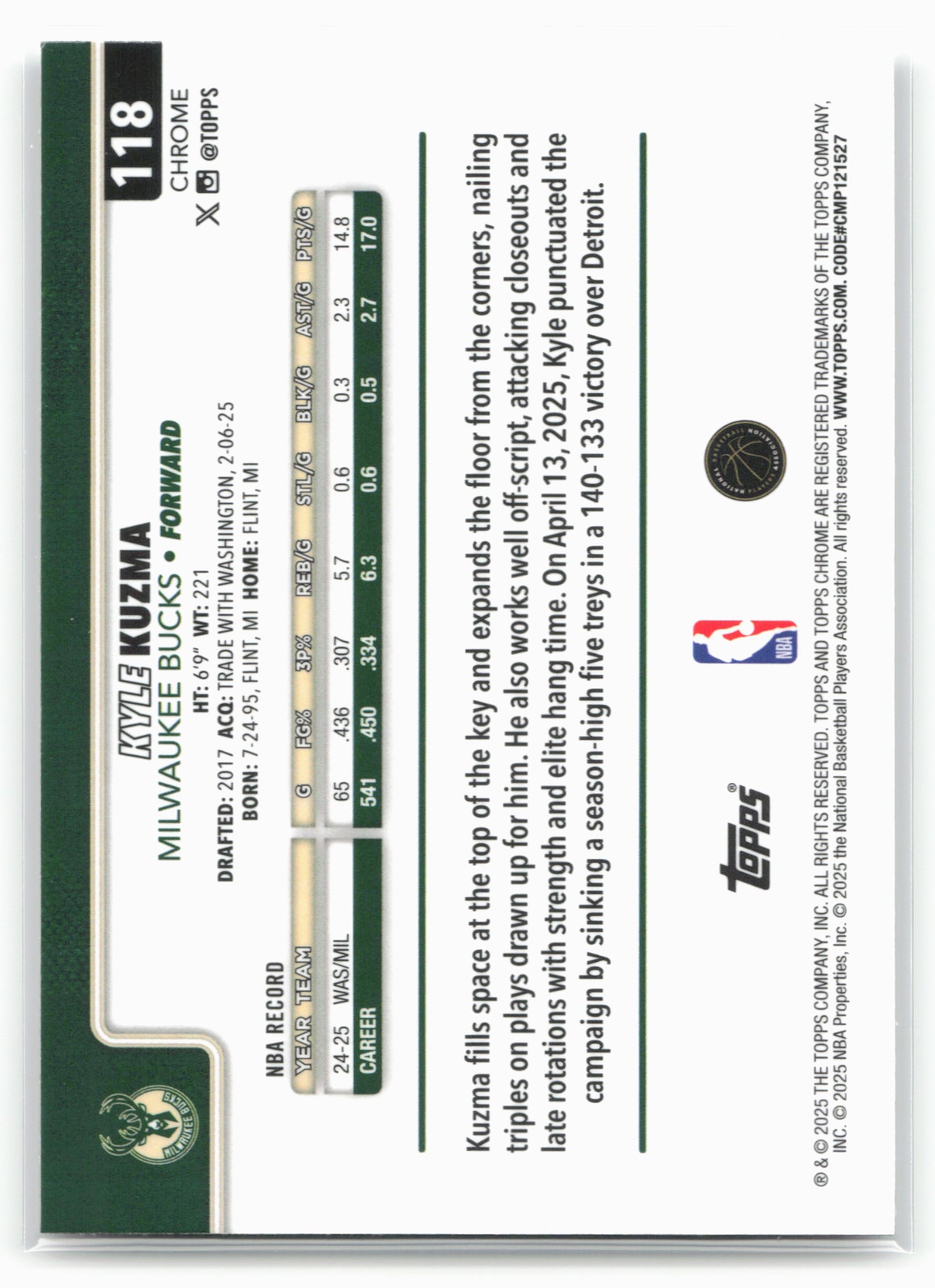 2025-26 Topps Chrome #118 Kyle Kuzma RayWave Refractors