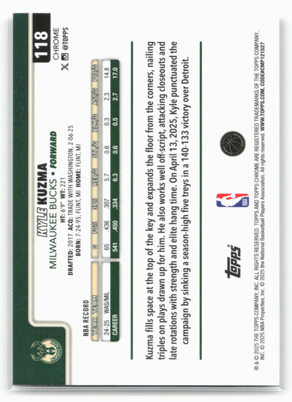 2025-26 Topps Chrome #118 Kyle Kuzma RayWave Refractors