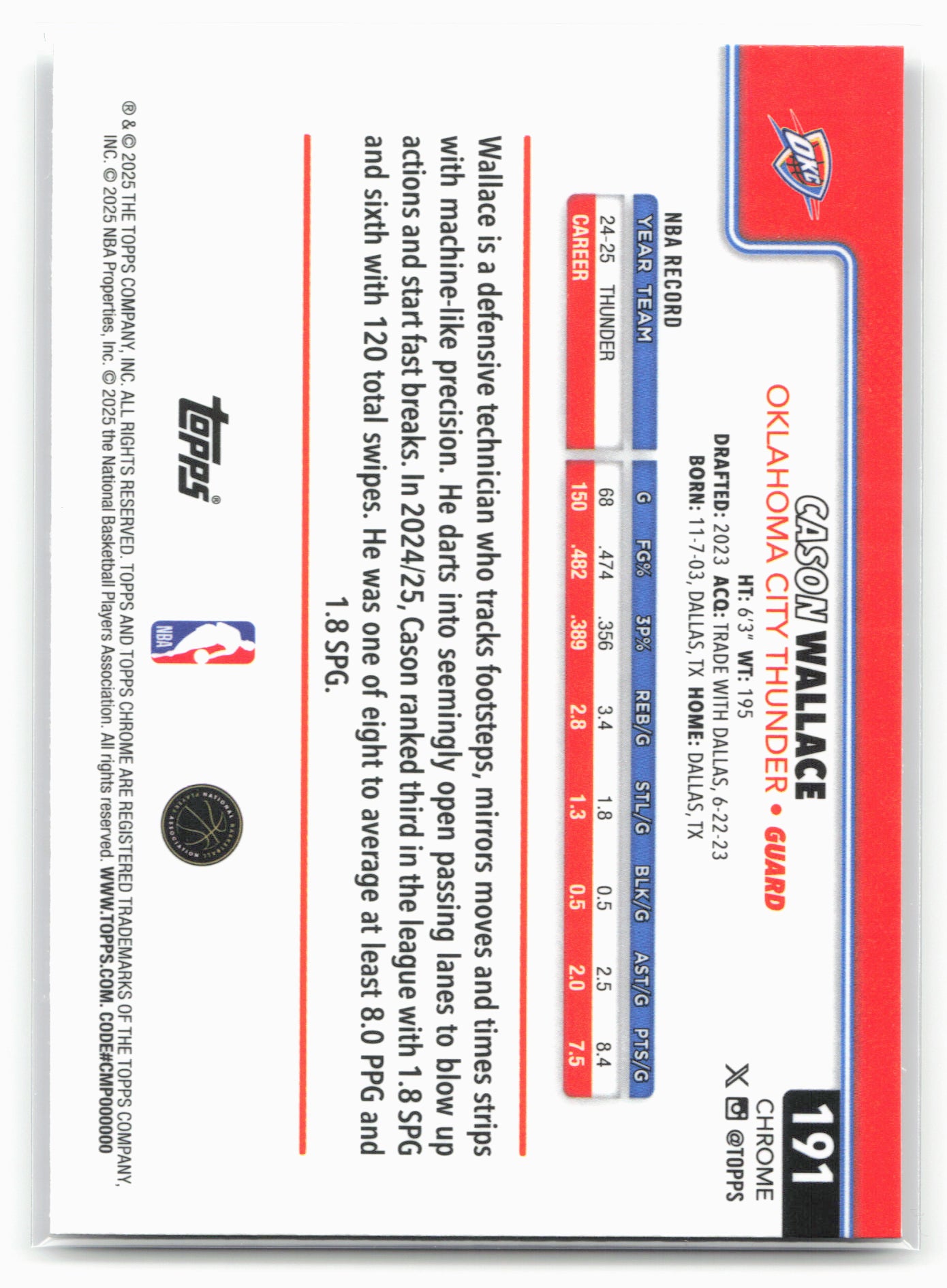 2025-26 Topps Chrome #191 Cason Wallace X-Fractors