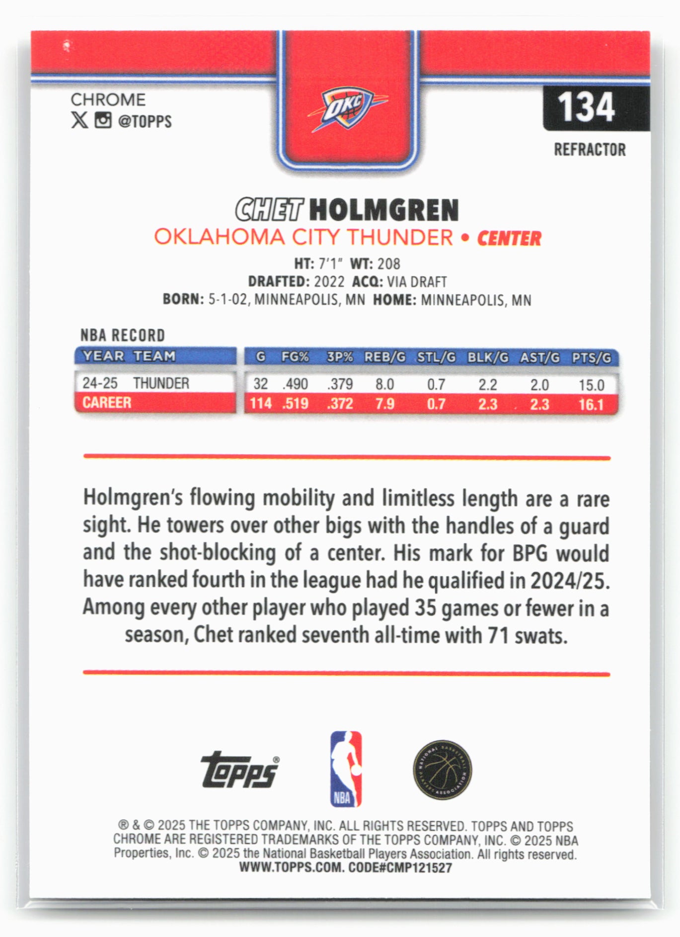 2025-26 Topps Chrome #134 Chet Holmgren Refractors