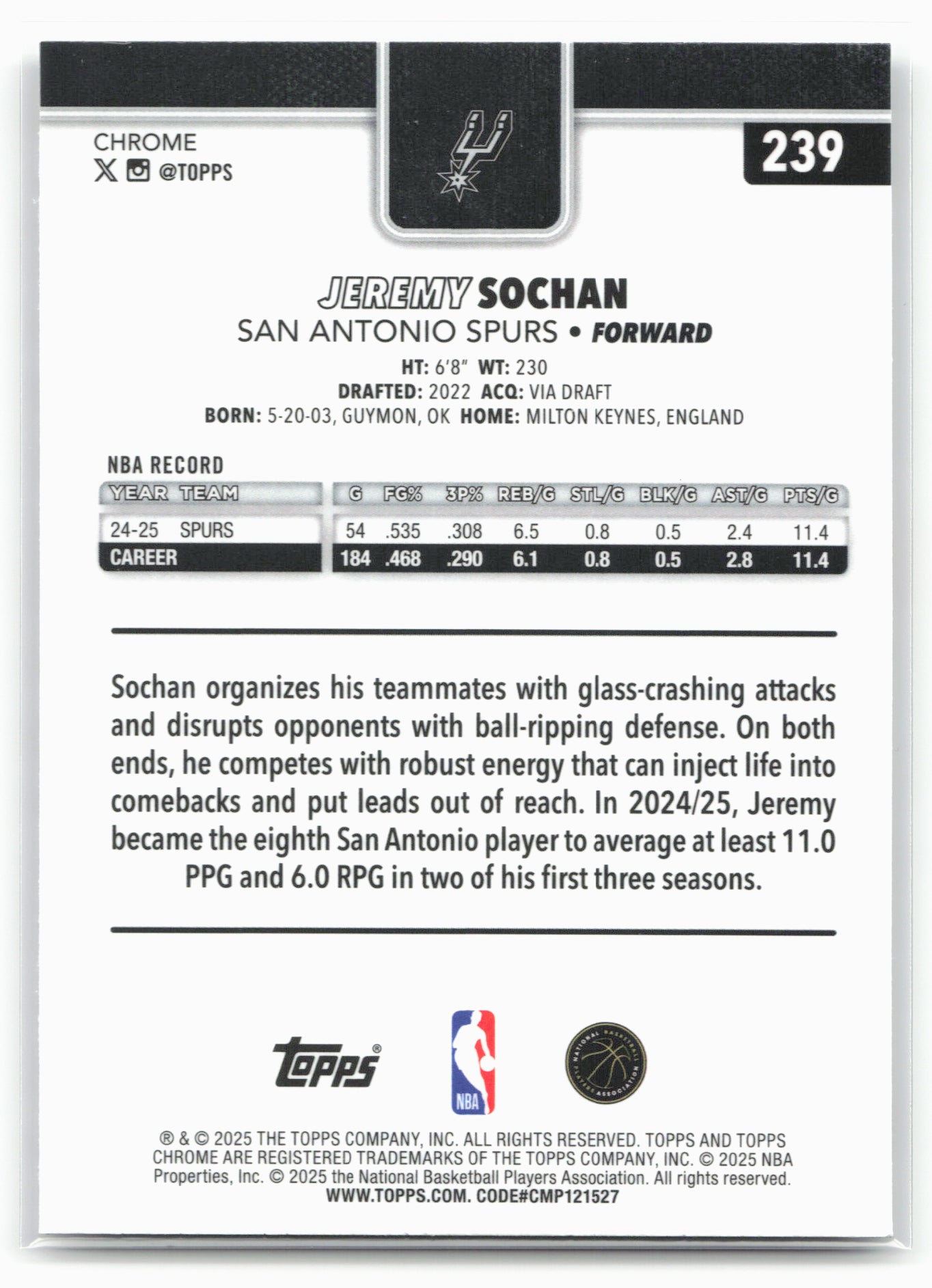 2025-26 Topps Chrome #239 Jeremy Sochan X-Factor