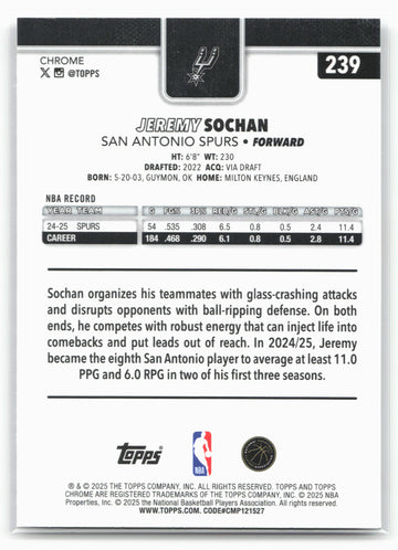 
2025-26 Topps Chrome #239 Jeremy Sochan X-Factor