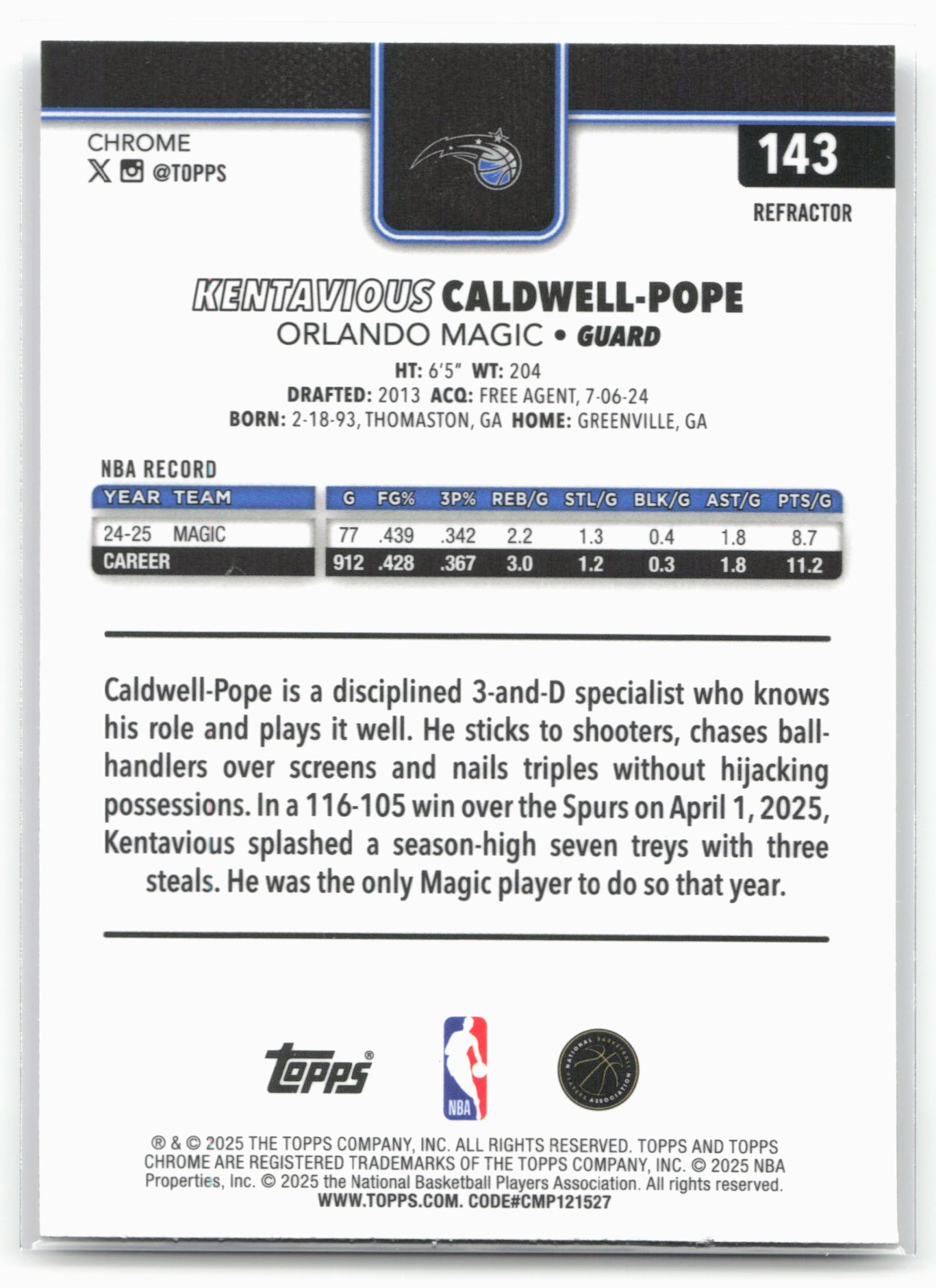 2025-26 Topps Chrome #143 Kentavious Caldwell-Pope Refractors