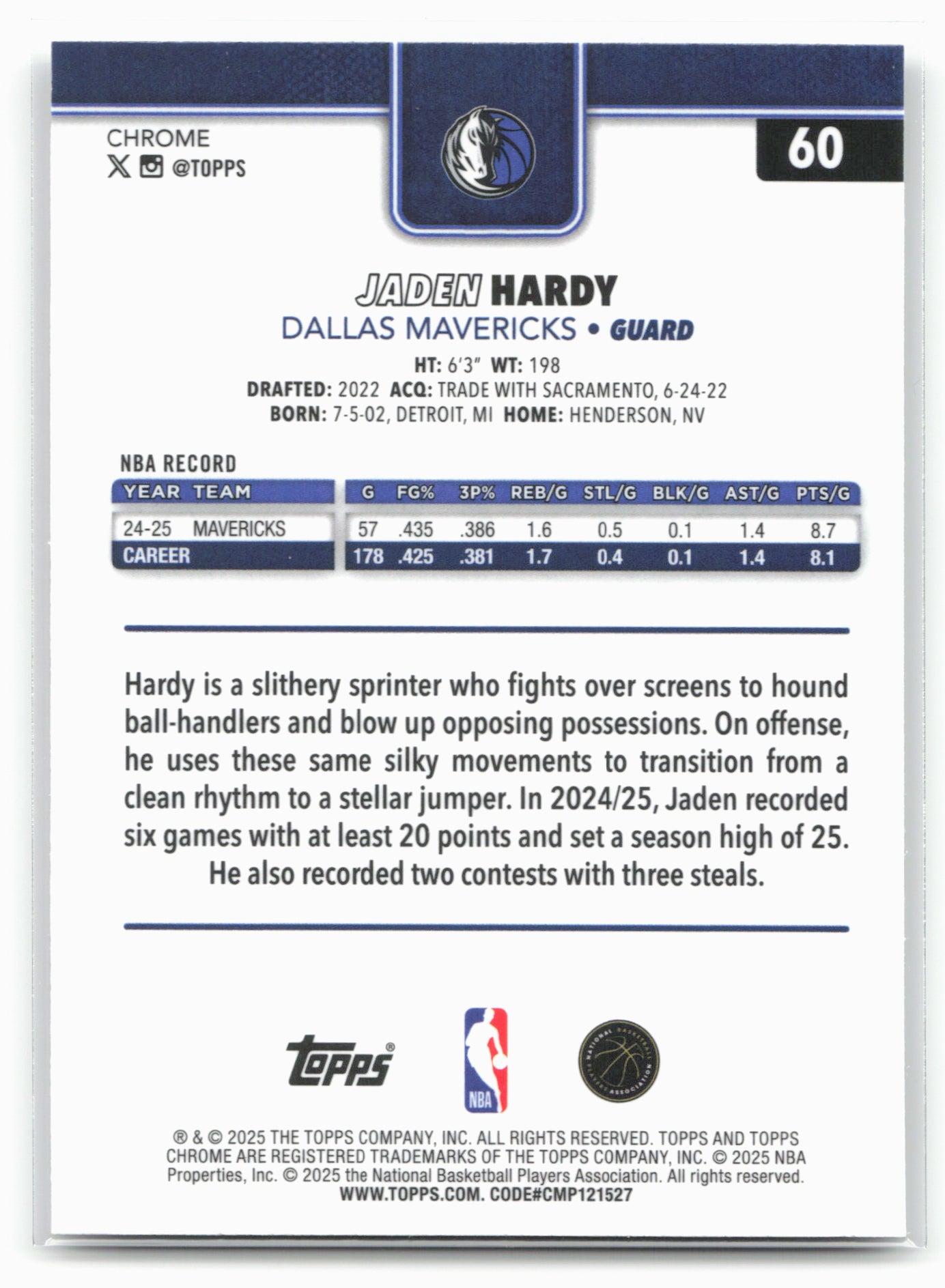 2025-26 Topps Chrome #60 Jaden Hardy