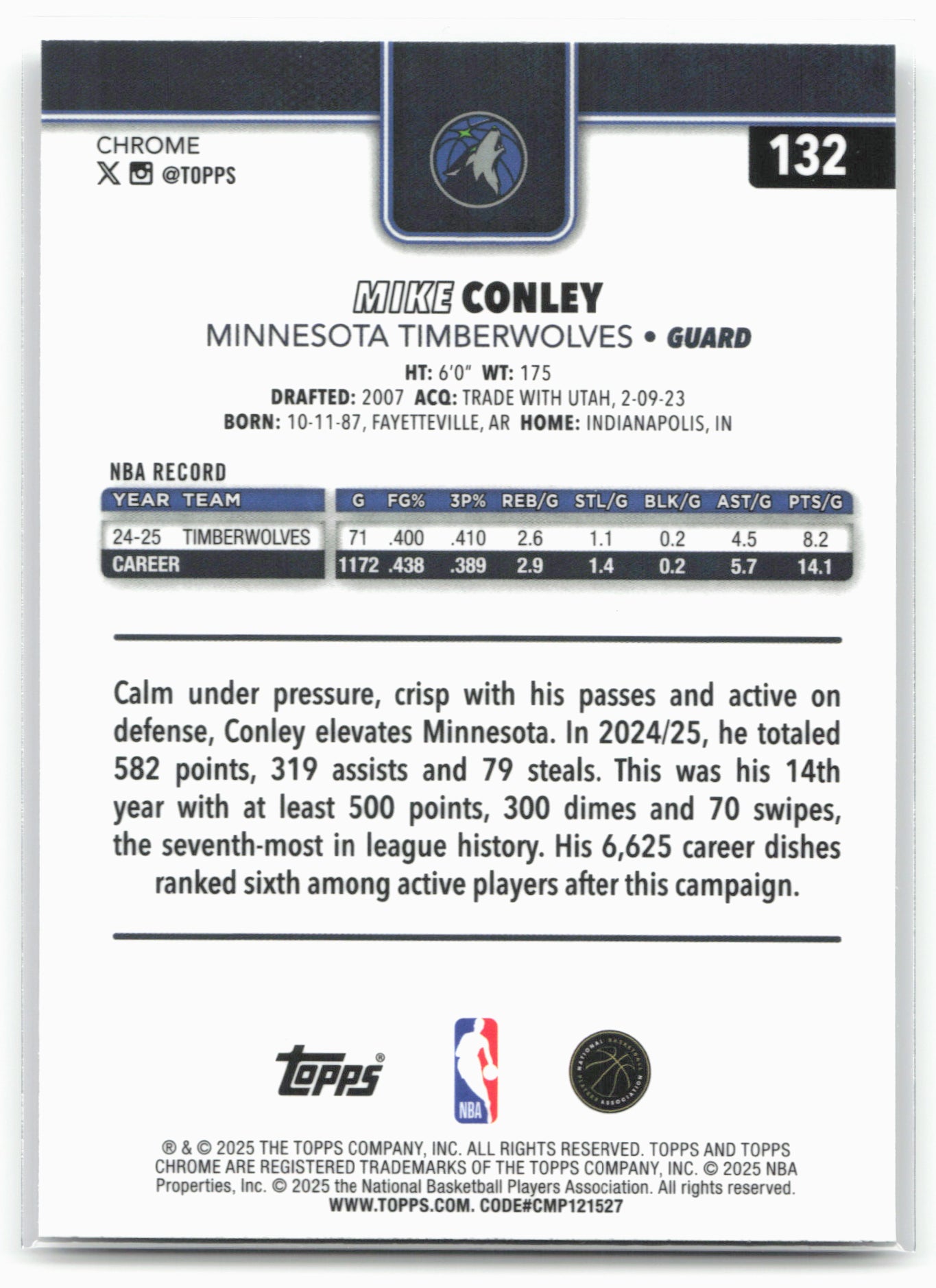 2025-26 Topps Chrome #132 Mike Conley