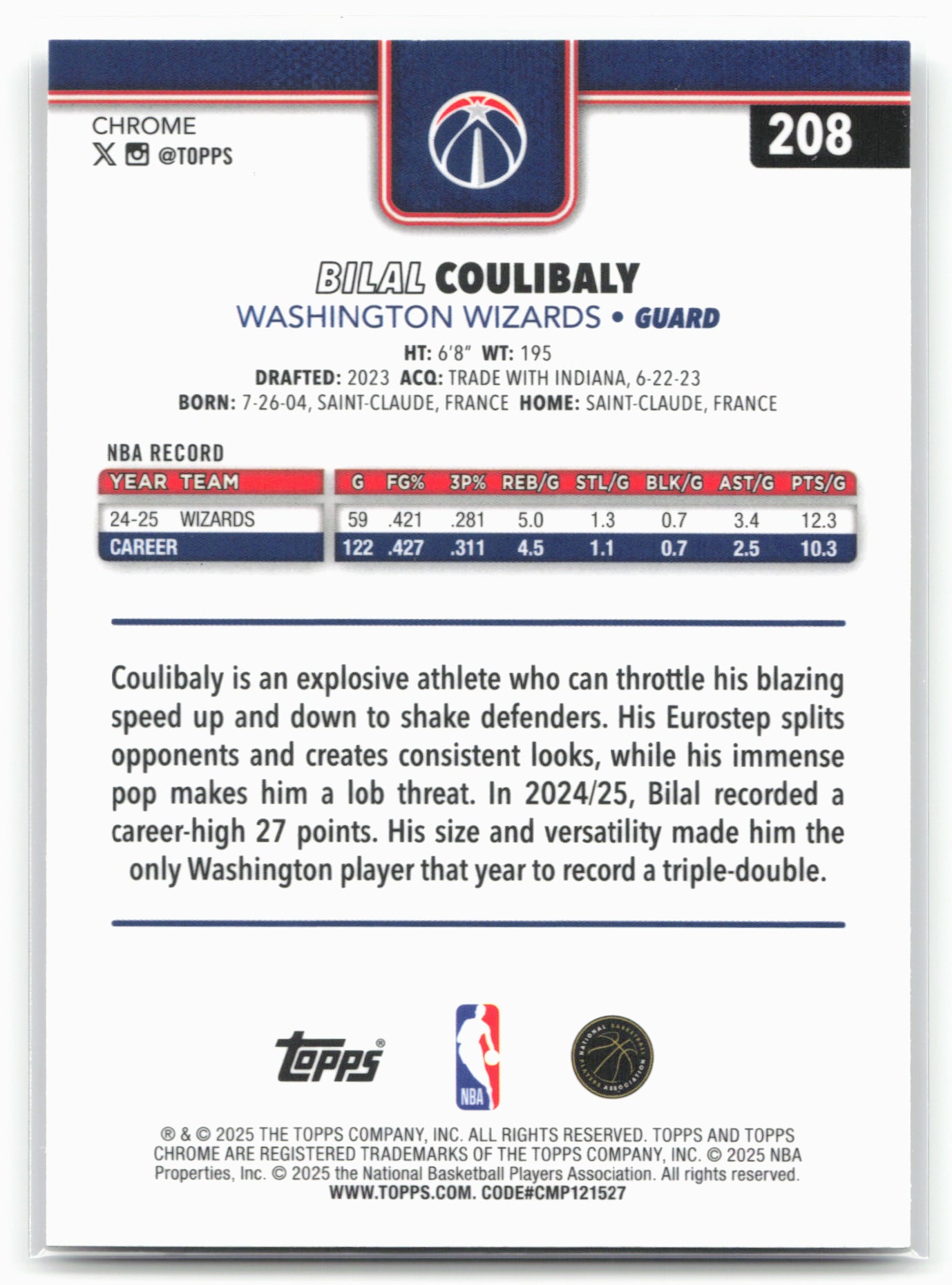 2025-26 Topps Chrome #208 Bilal Coulibaly