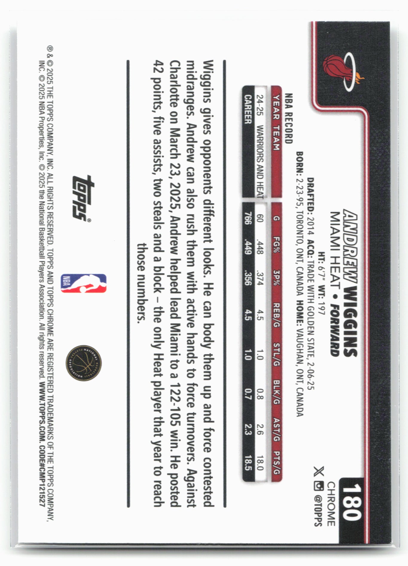 2025-26 Topps Chrome #180 Andrew Wiggins