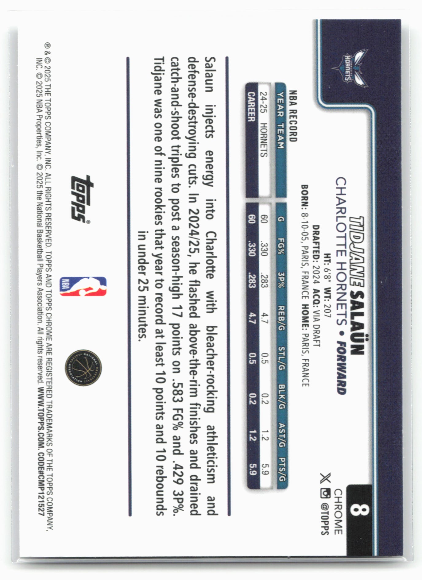 2025-26 Topps Chrome #8 Tidjane Salaün