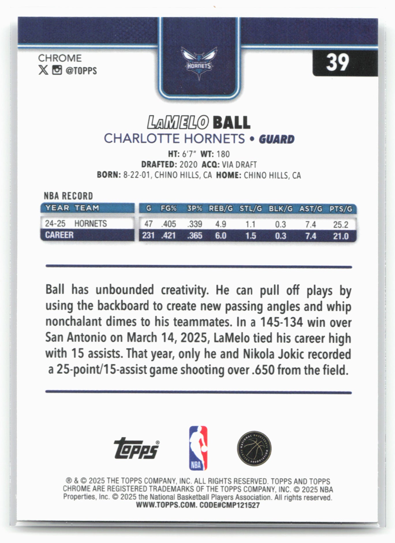 2025-26 Topps Chrome #39 LaMelo Ball