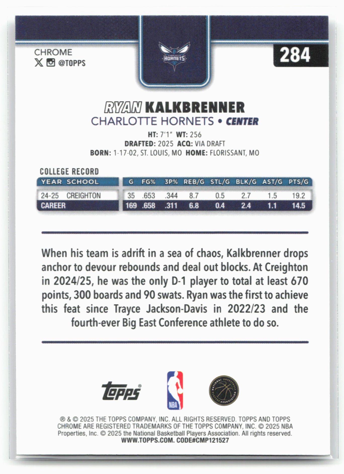 2025-26 Topps Chrome #284 Ryan Kalkbrenner