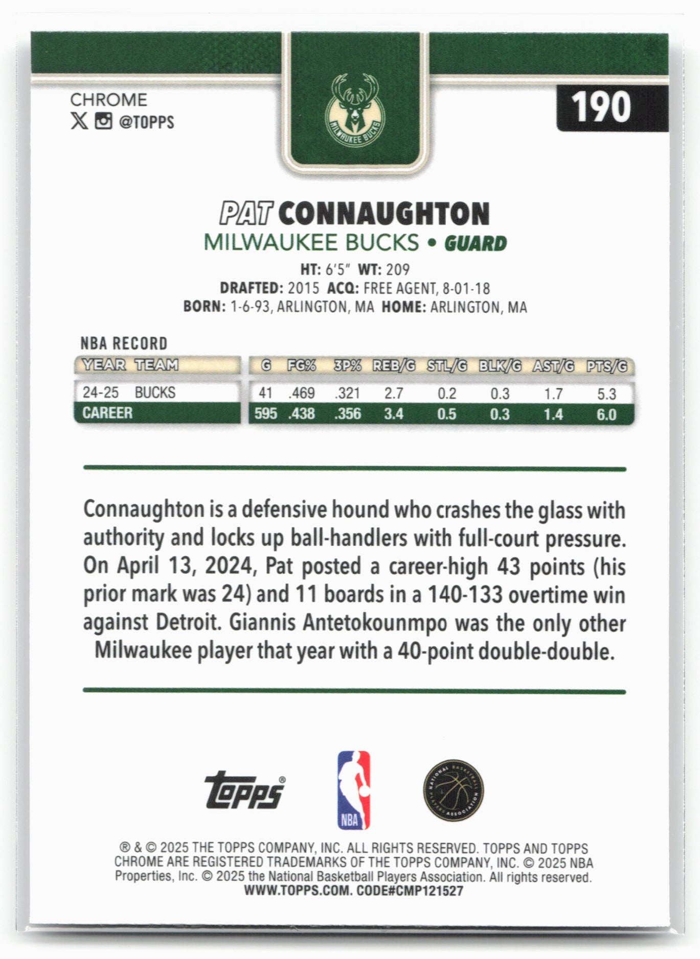 2025-26 Topps Chrome #190 Pat Connaughton