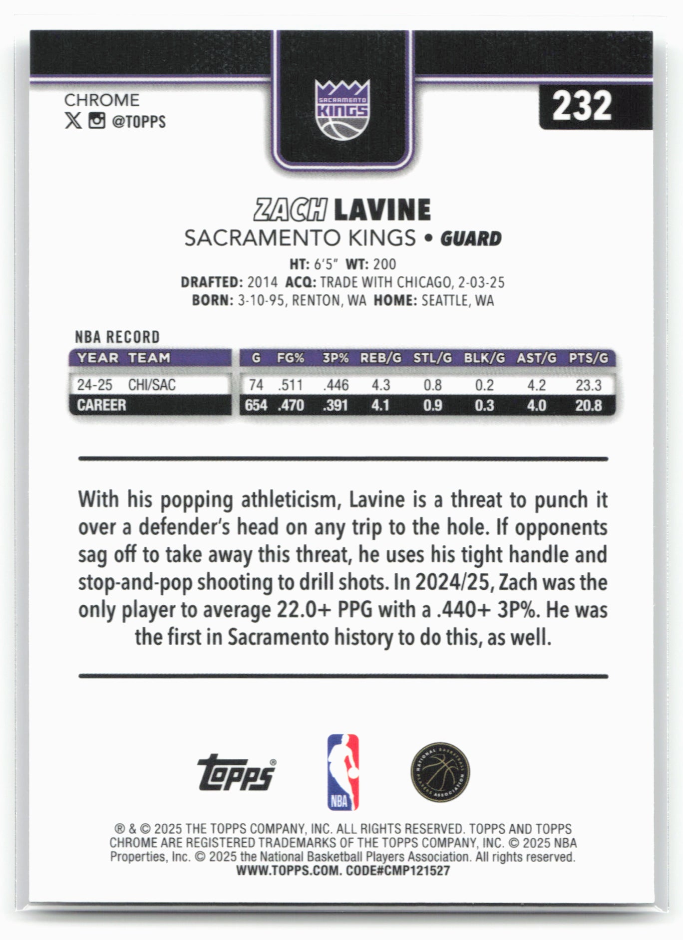2025-26 Topps Chrome #232 Zach LaVine