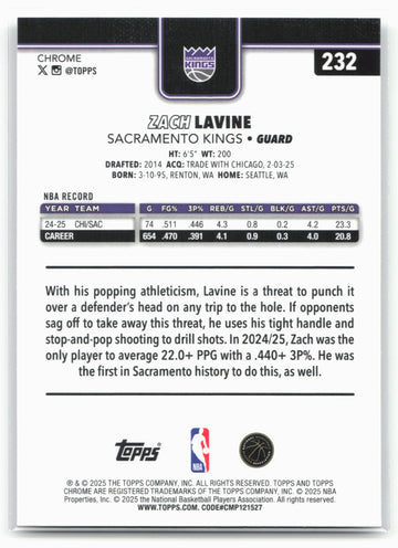 
2025-26 Topps Chrome #232 Zach LaVine