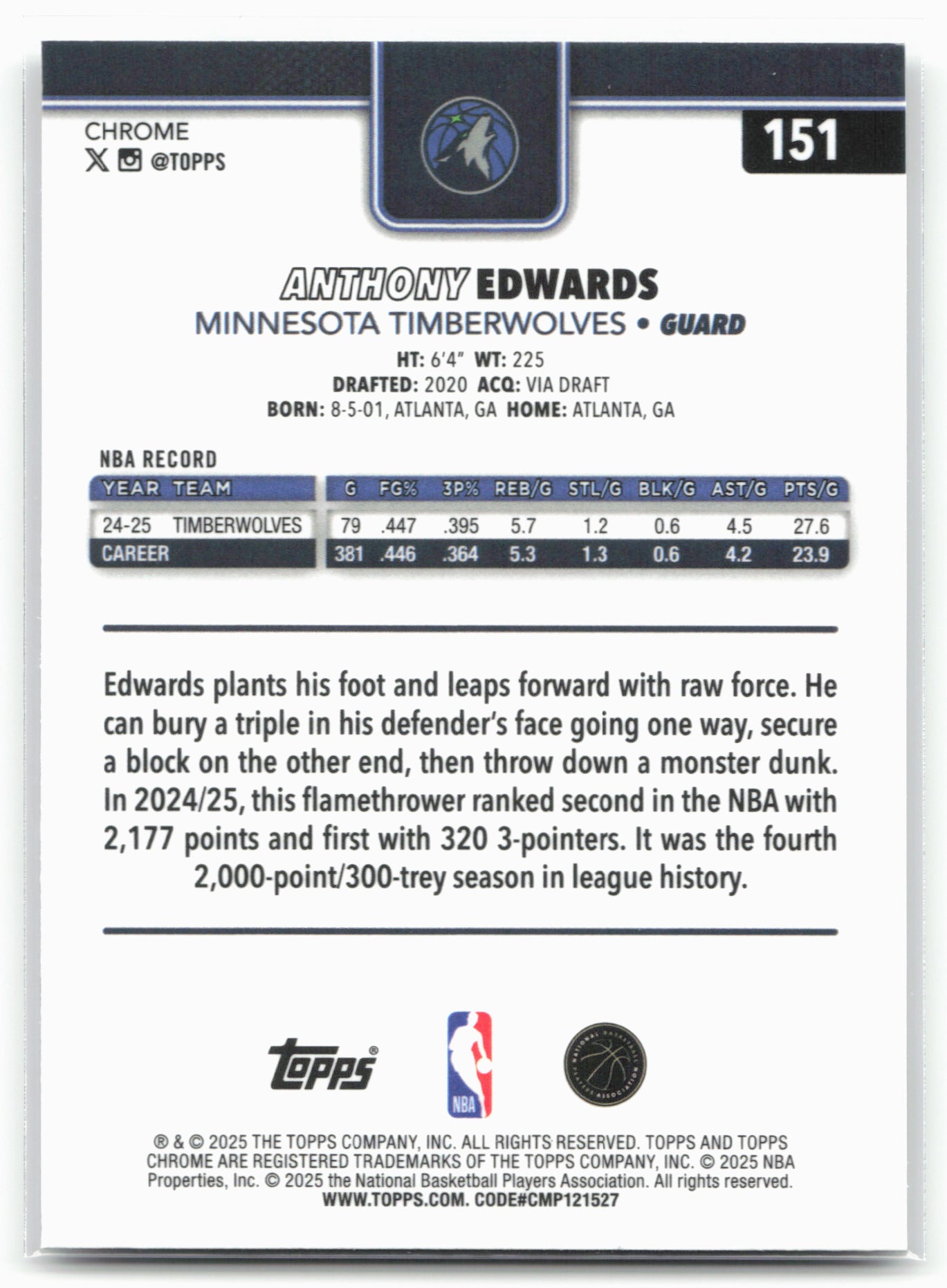 2025-26 Topps Chrome #151 Anthony Edwards