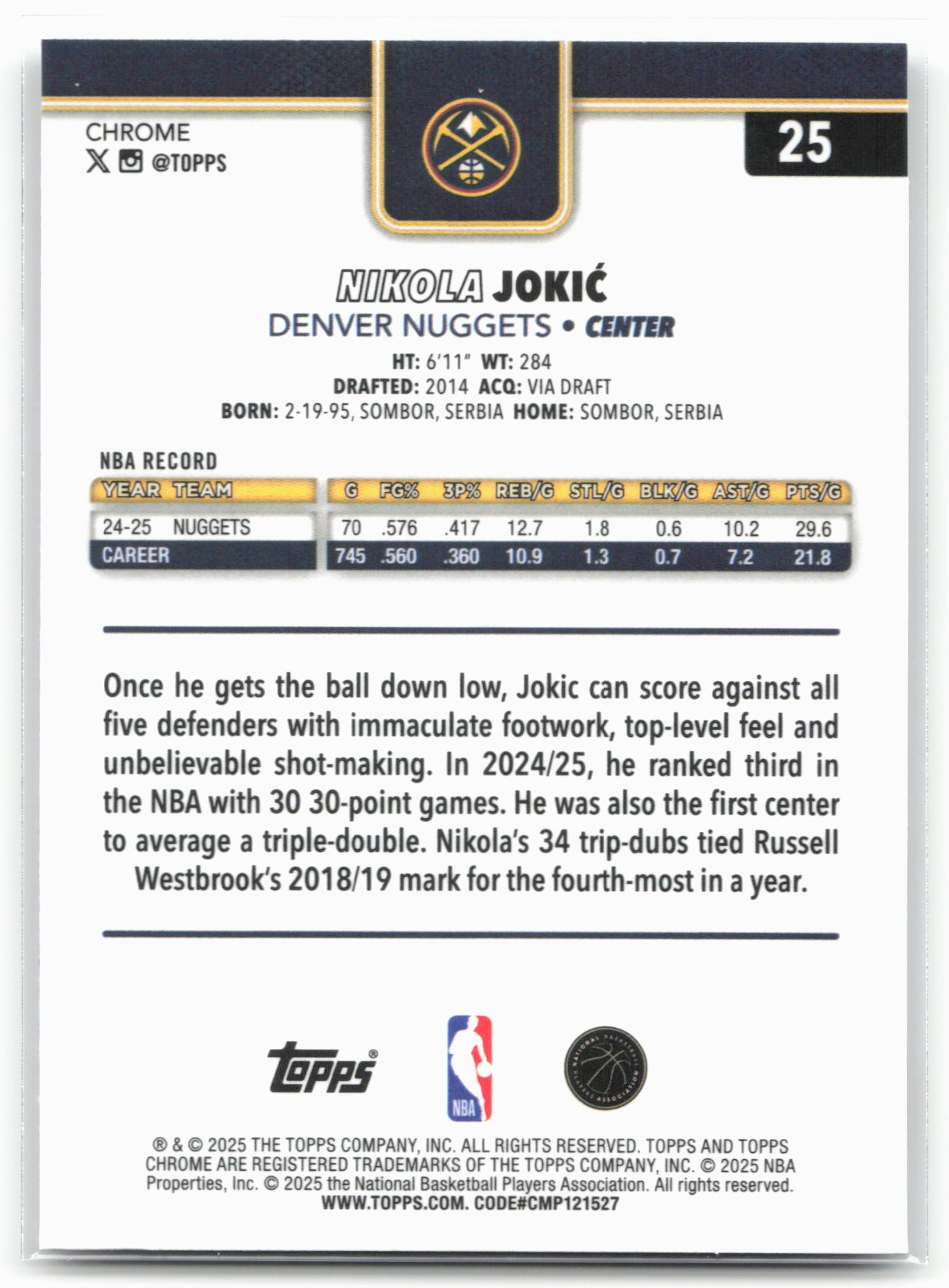2025-26 Topps Chrome #25 Nikola Jokić