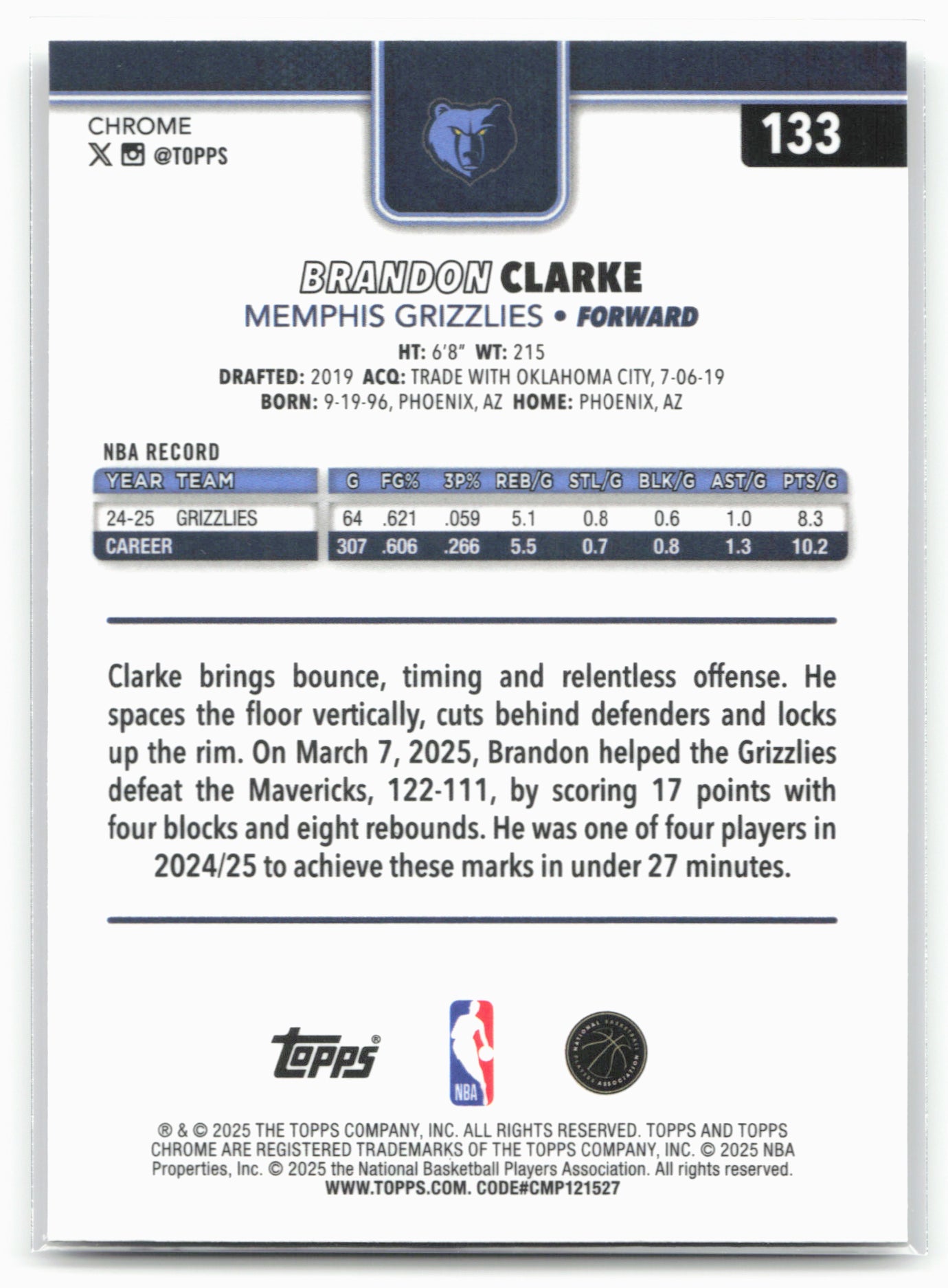 2025-26 Topps Chrome #133 Brandon Clarke