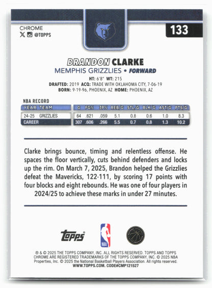 2025-26 Topps Chrome #133 Brandon Clarke
