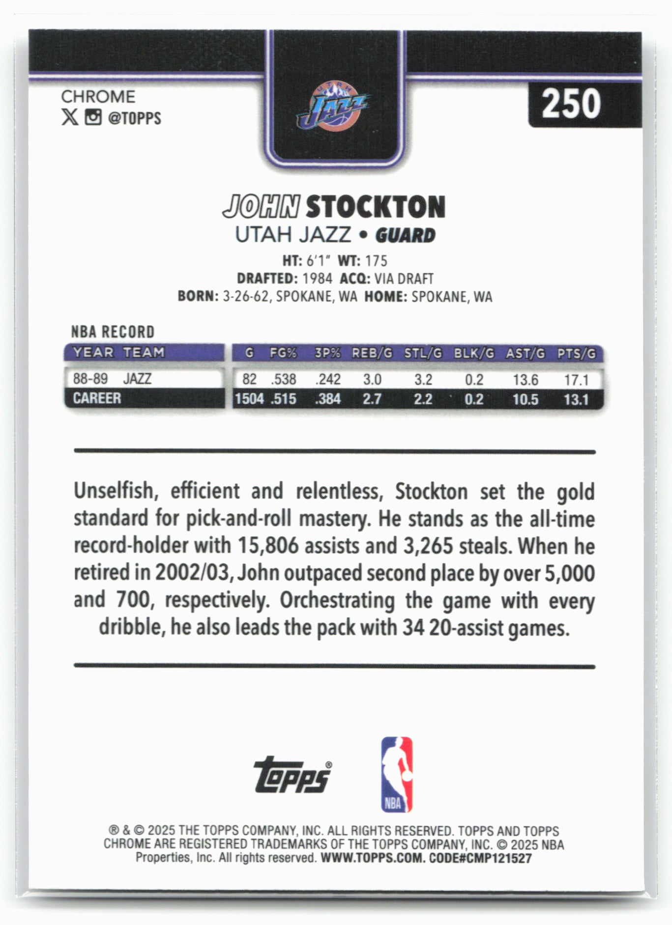 2025-26 Topps Chrome #250 John Stockton