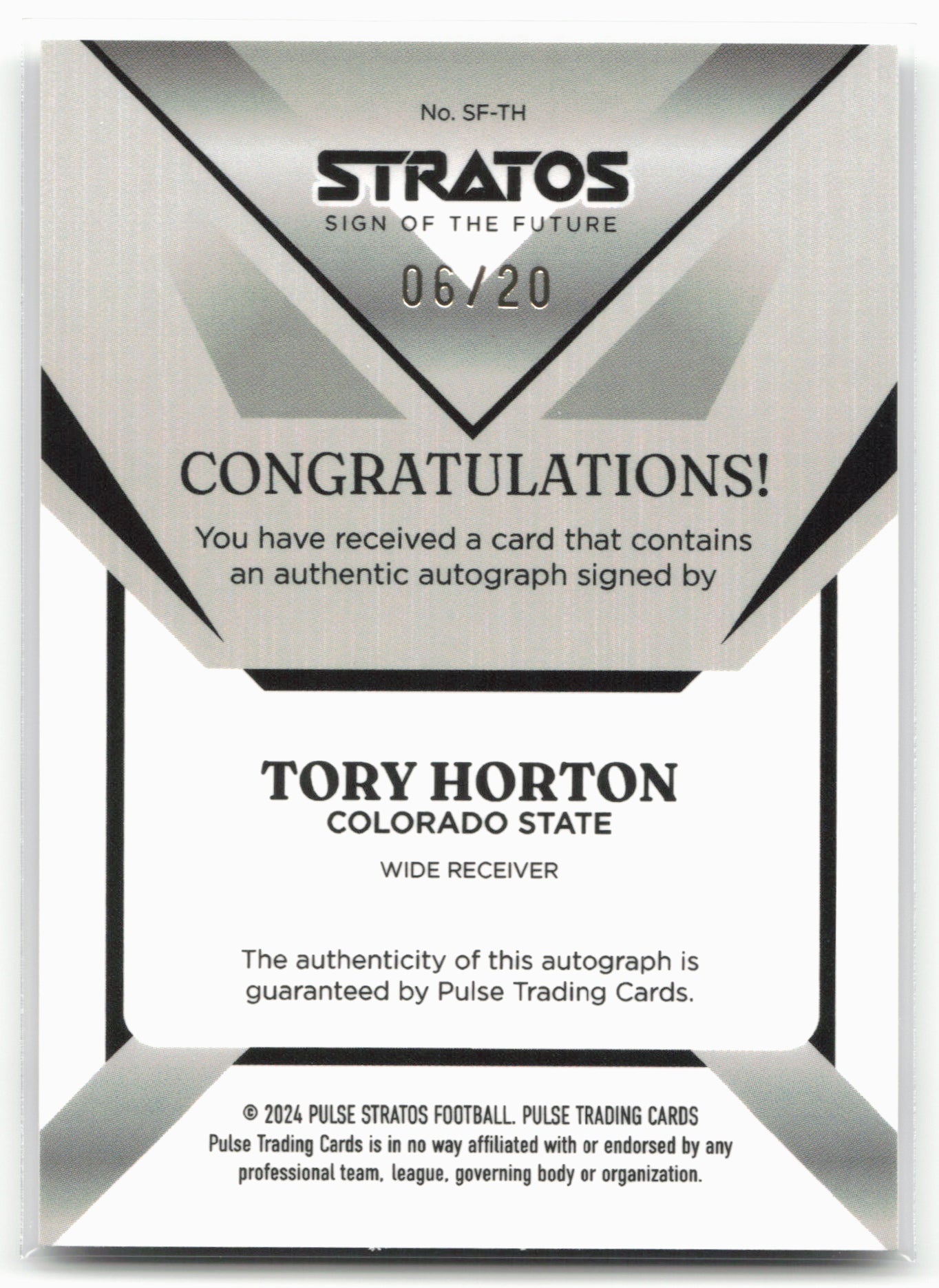 2024 Pulse Stratos #SF-TH Tory Horton Sign Of the Future Autograph Green