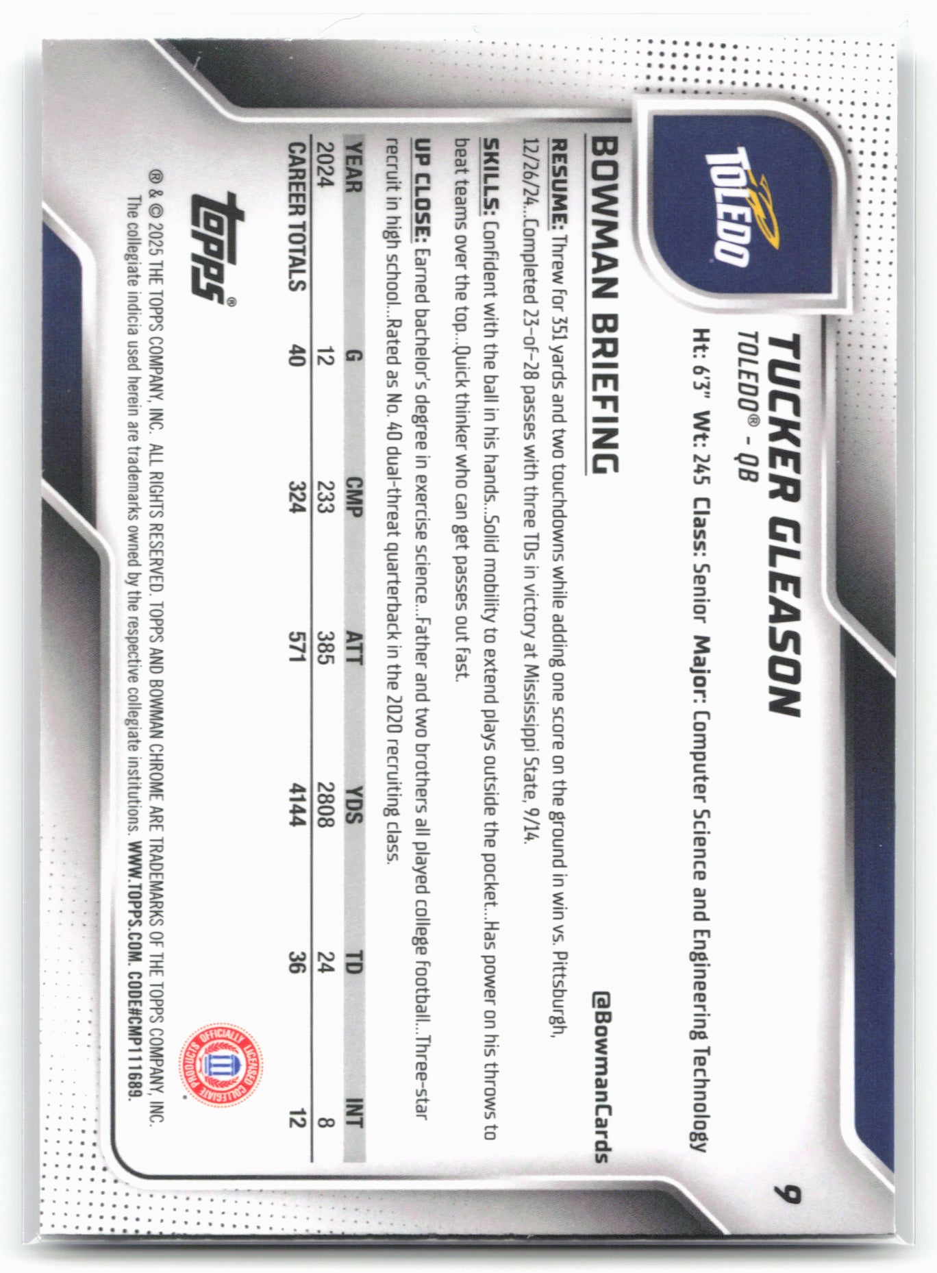 2025 Bowman University Chrome #9 Tucker Gleason