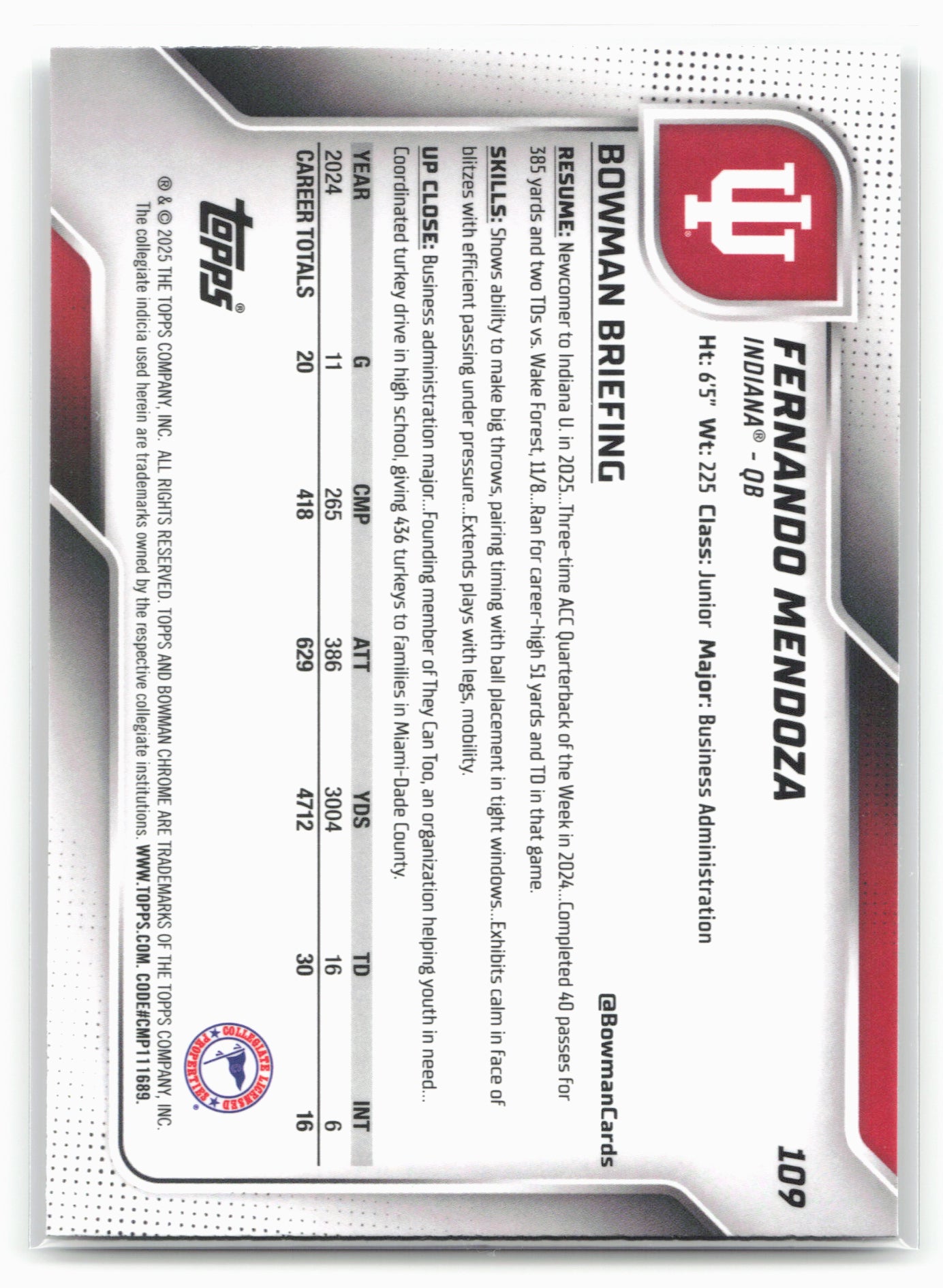 2025 Bowman University Chrome #109 Fernando Mendoza