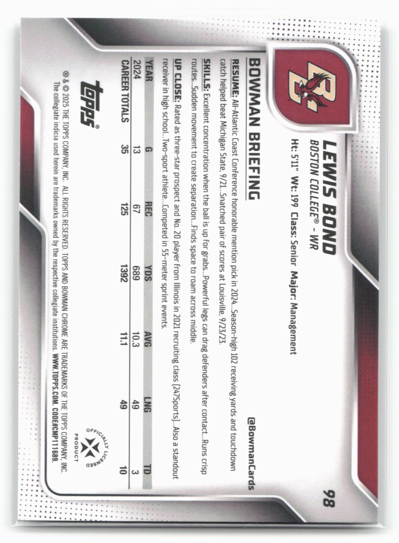 2025 Bowman University Chrome #98 Lewis Bond