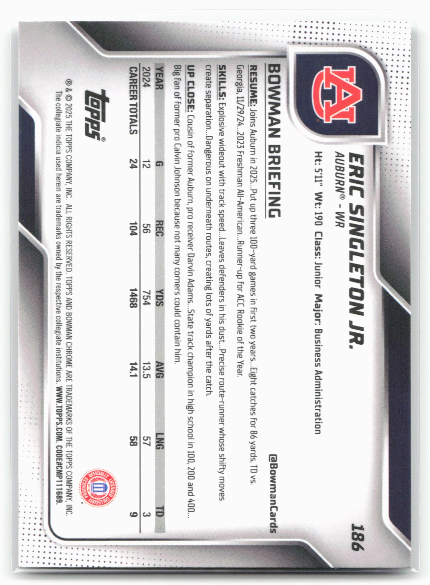 2025 Bowman University Chrome #186 Eric Singleton Jr.