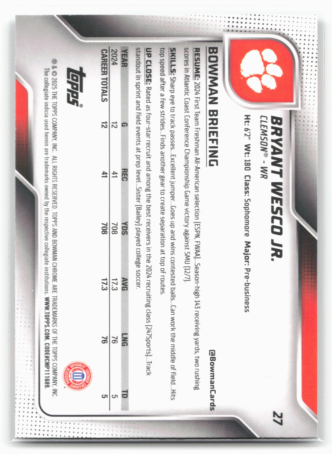 2025 Bowman University Chrome #27 Bryant Wesco Jr.