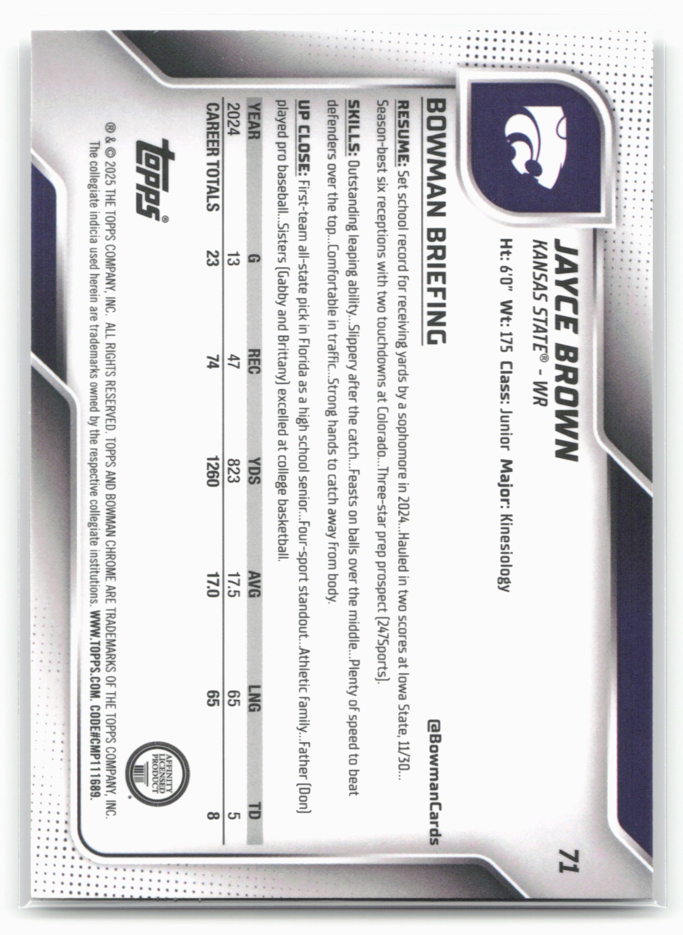 2025 Bowman University Chrome #71 Jayce Brown