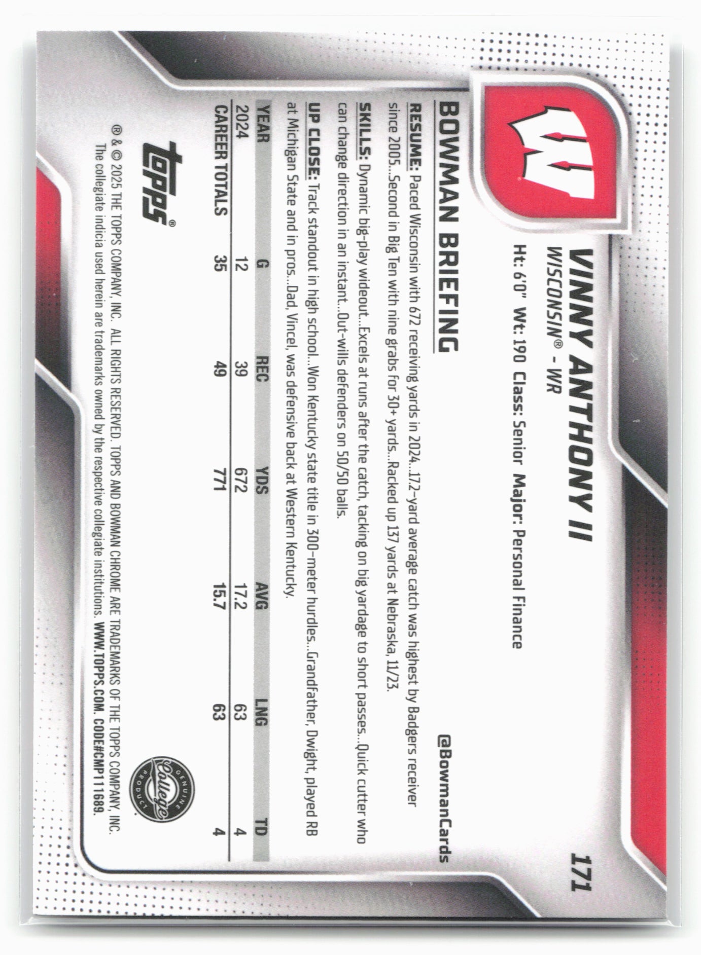 2025 Bowman University Chrome #171 Vinny Anthony II