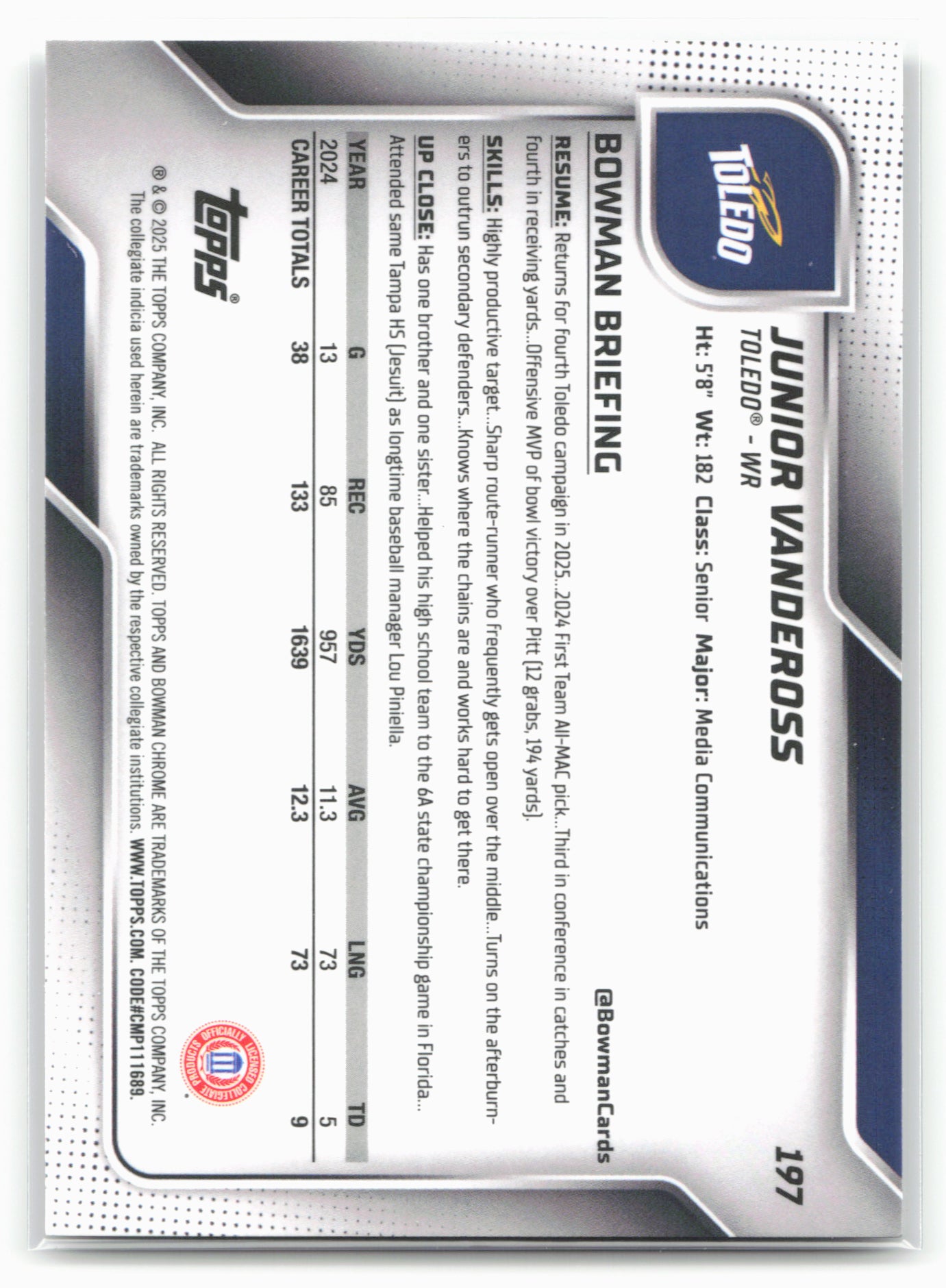 2025 Bowman University Chrome #197 Junior Vandeross