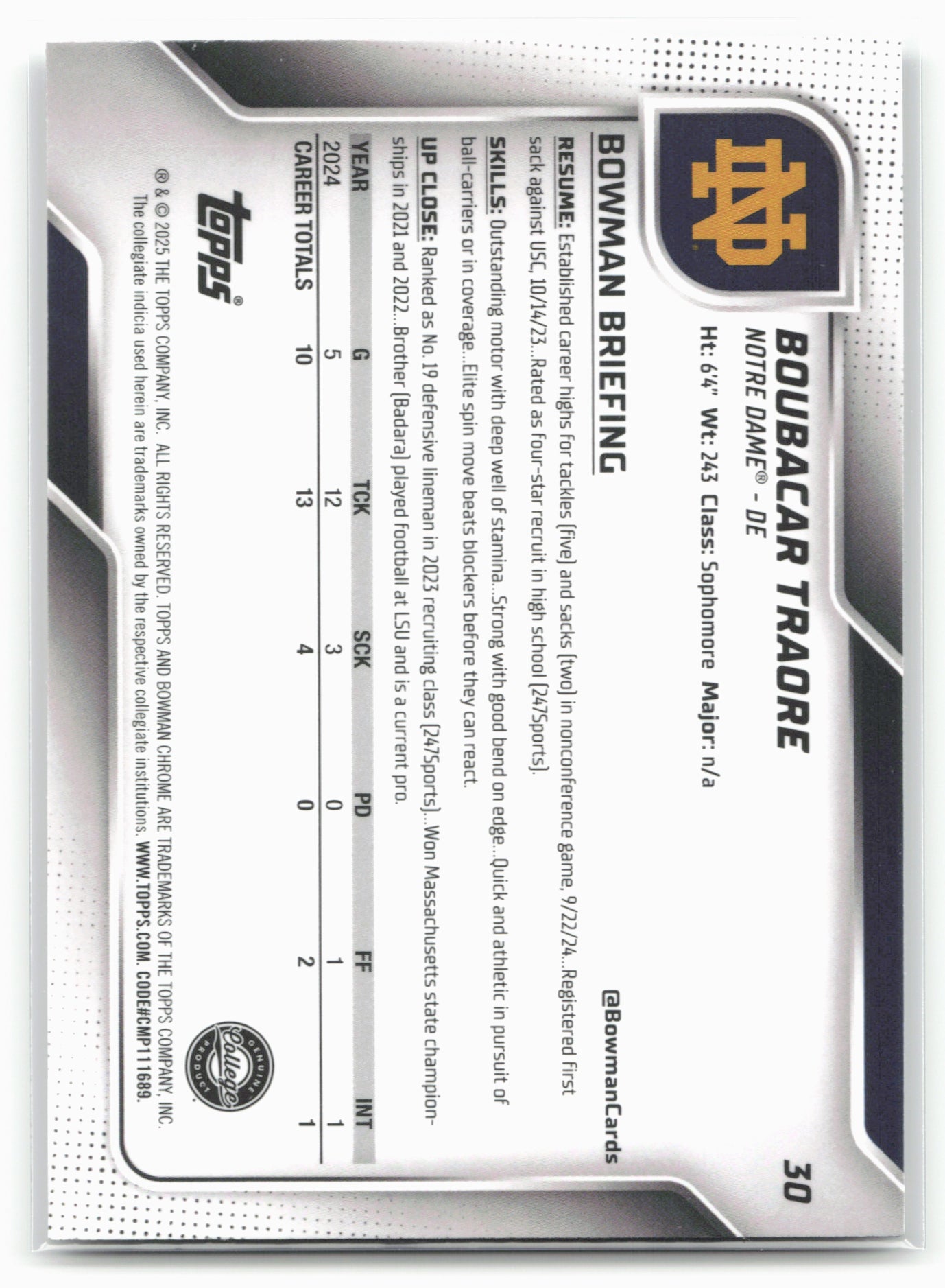 2025 Bowman University Chrome #30 Boubacar Traore
