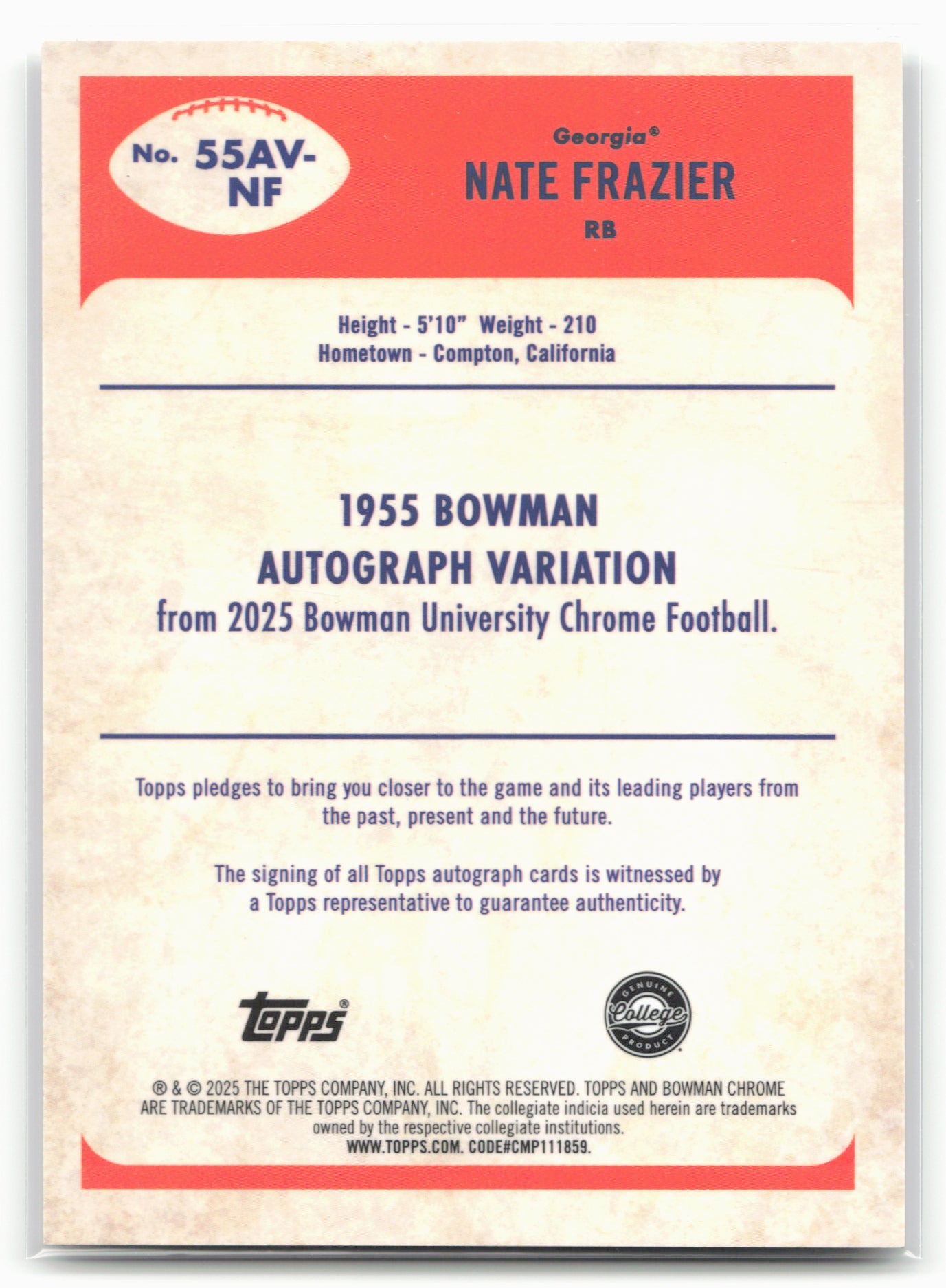 2025 Bowman University Chrome #55AV-NF Nate Frazier 1955 Bowman Autographs #/99