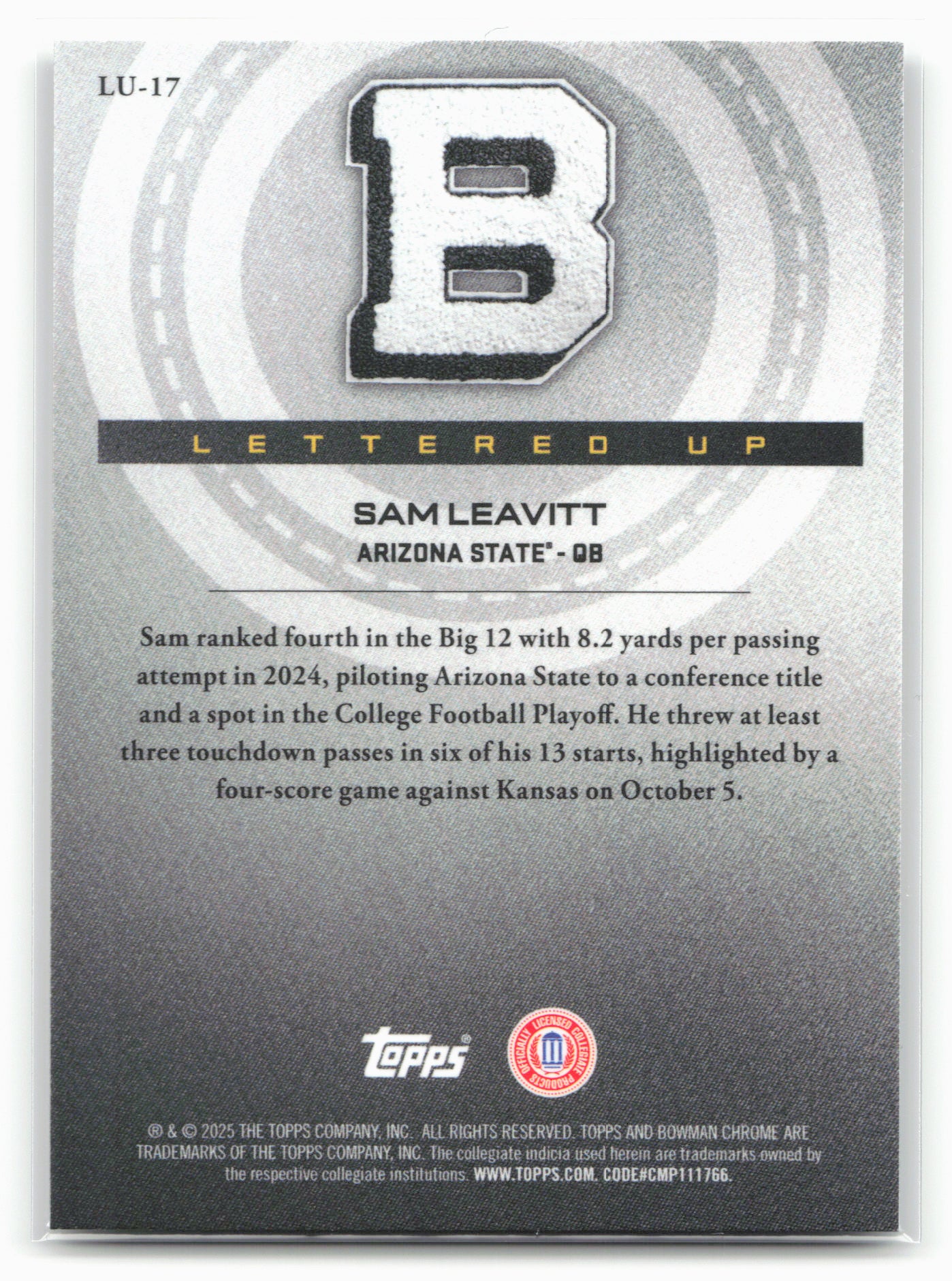2025 Bowman University Chrome #LU-17 Sam Leavitt Lettered Up