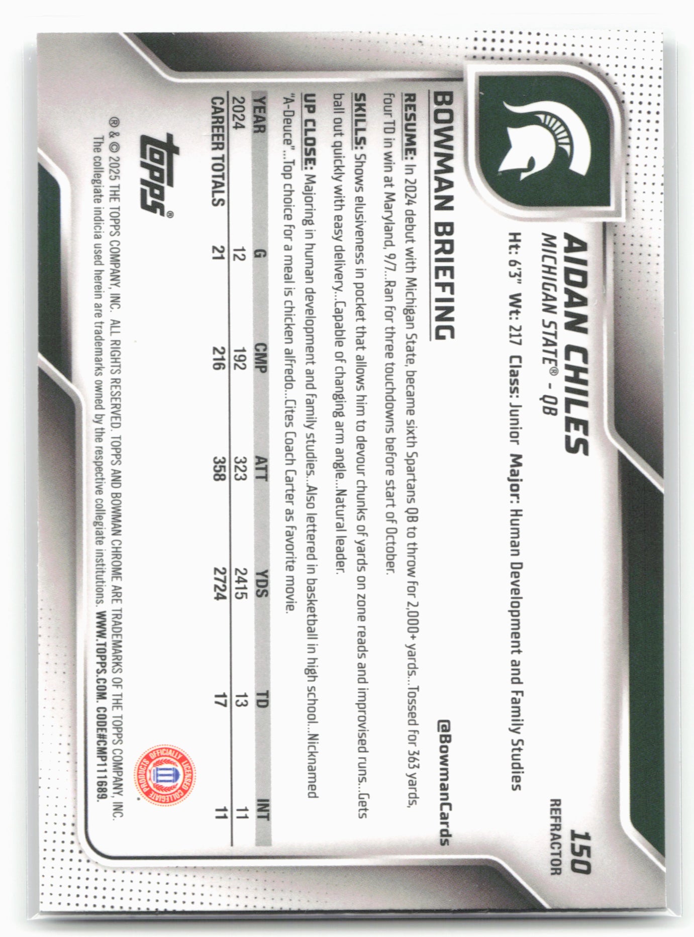 2025 Bowman University Chrome #150 Aidan Chiles Refractor