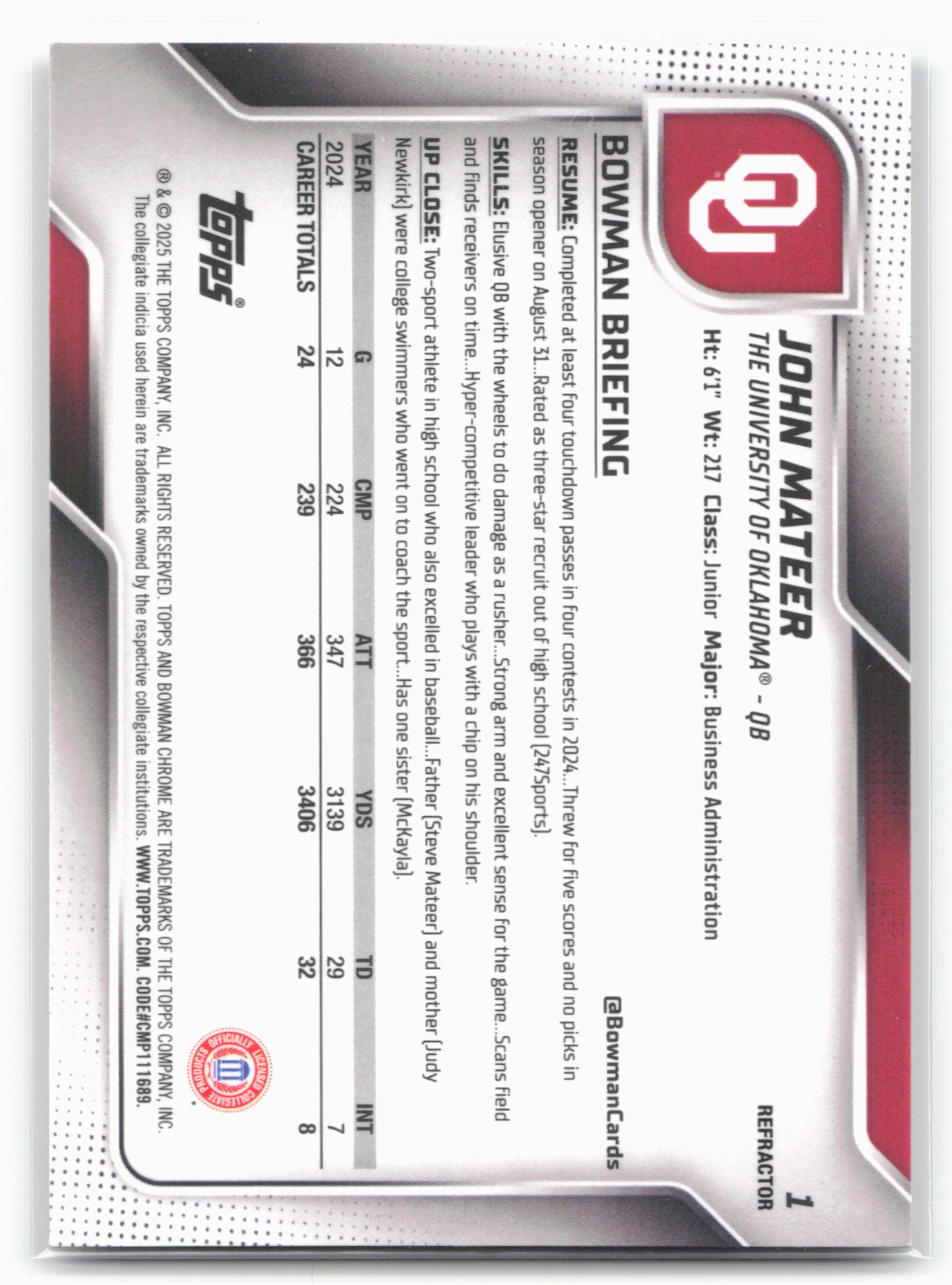 2025 Bowman University Chrome #1 John Mateer Refractor