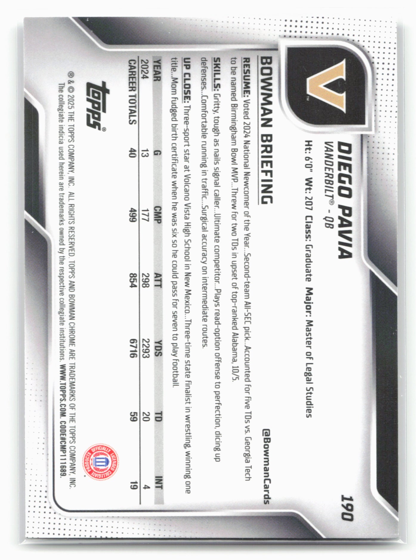 2025 Bowman University Chrome #190 Diego Pavia Xfractor