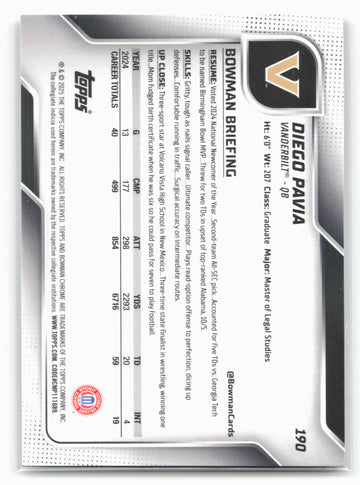 
2025 Bowman University Chrome #190 Diego Pavia Xfractor