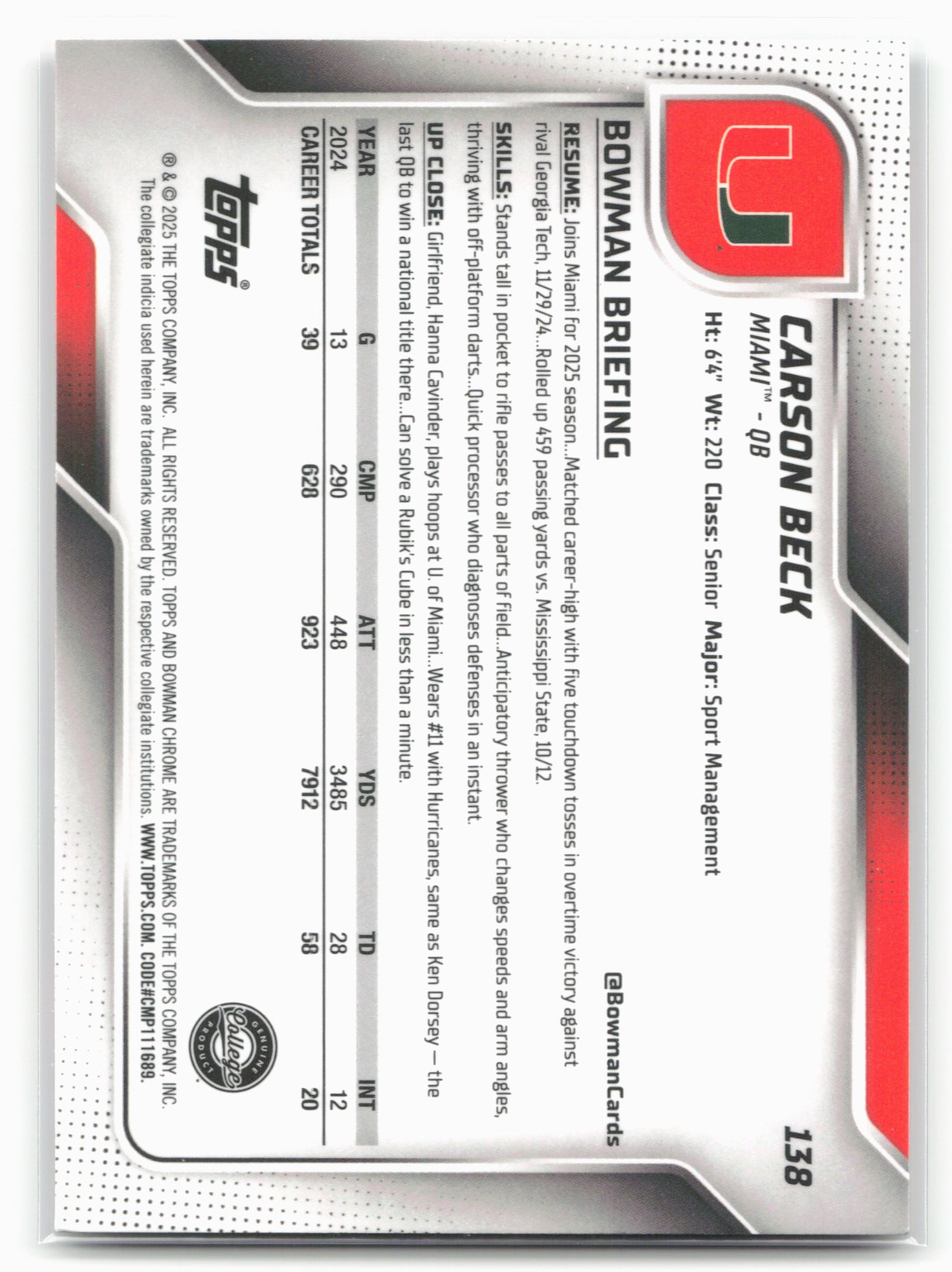 2025 Bowman University Chrome #138 Carson Beck Fuchsia Mini-Diamond #/225