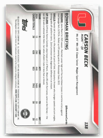 2025 Bowman University Chrome #138 Carson Beck Fuchsia Mini-Diamond #/225