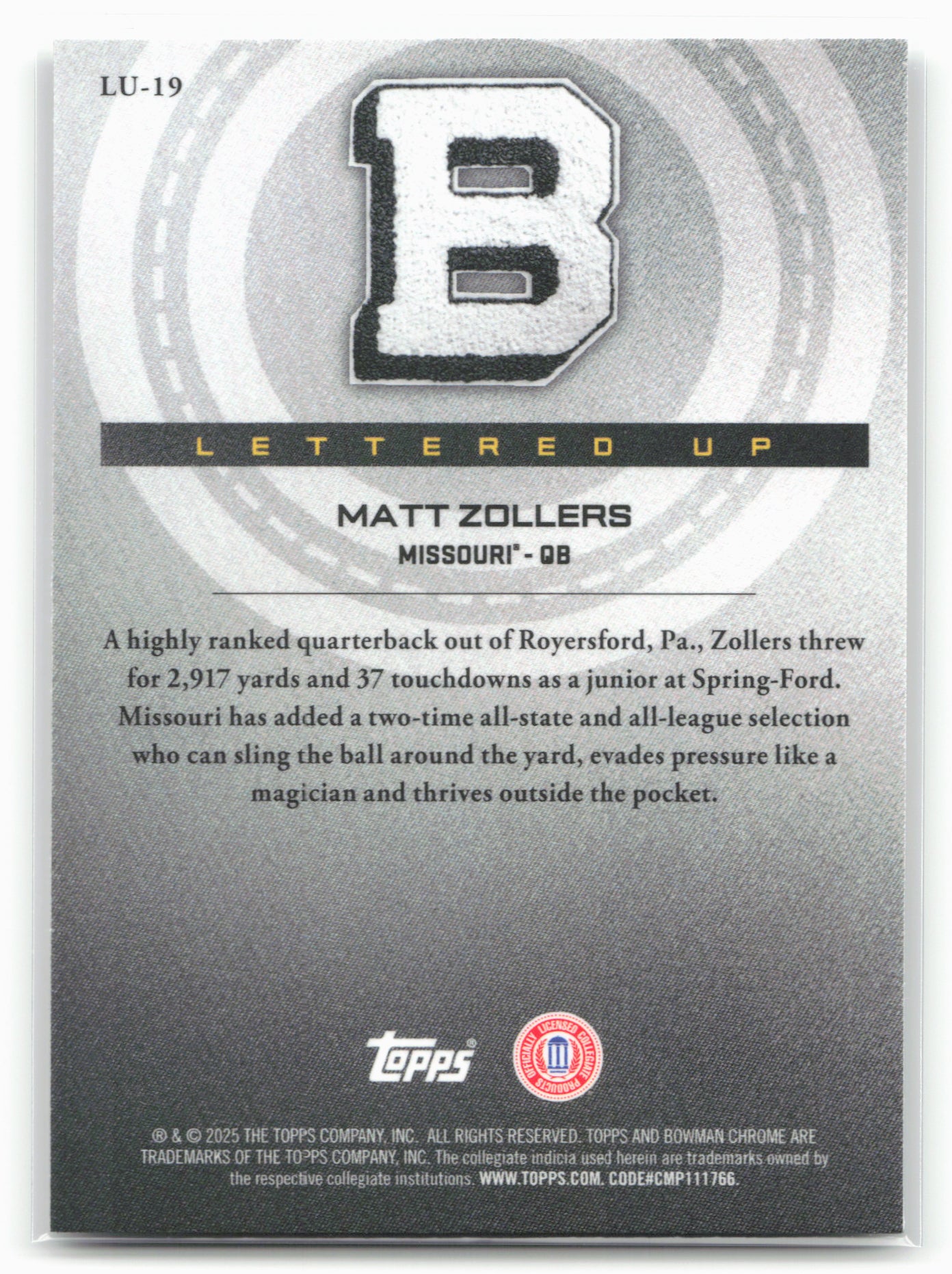 2025 Bowman University Chrome #LU-19 Matt Zollers Lettered Up
