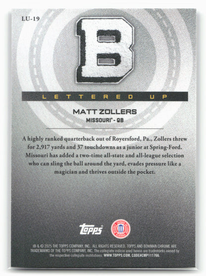 2025 Bowman University Chrome #LU-19 Matt Zollers Lettered Up