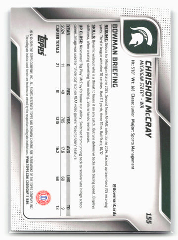
2025 Bowman University Chrome #155 Chrishon McCray Purple Shimmer Refractor #/75