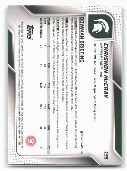 2025 Bowman University Chrome #155 Chrishon McCray Purple Shimmer Refractor #/75