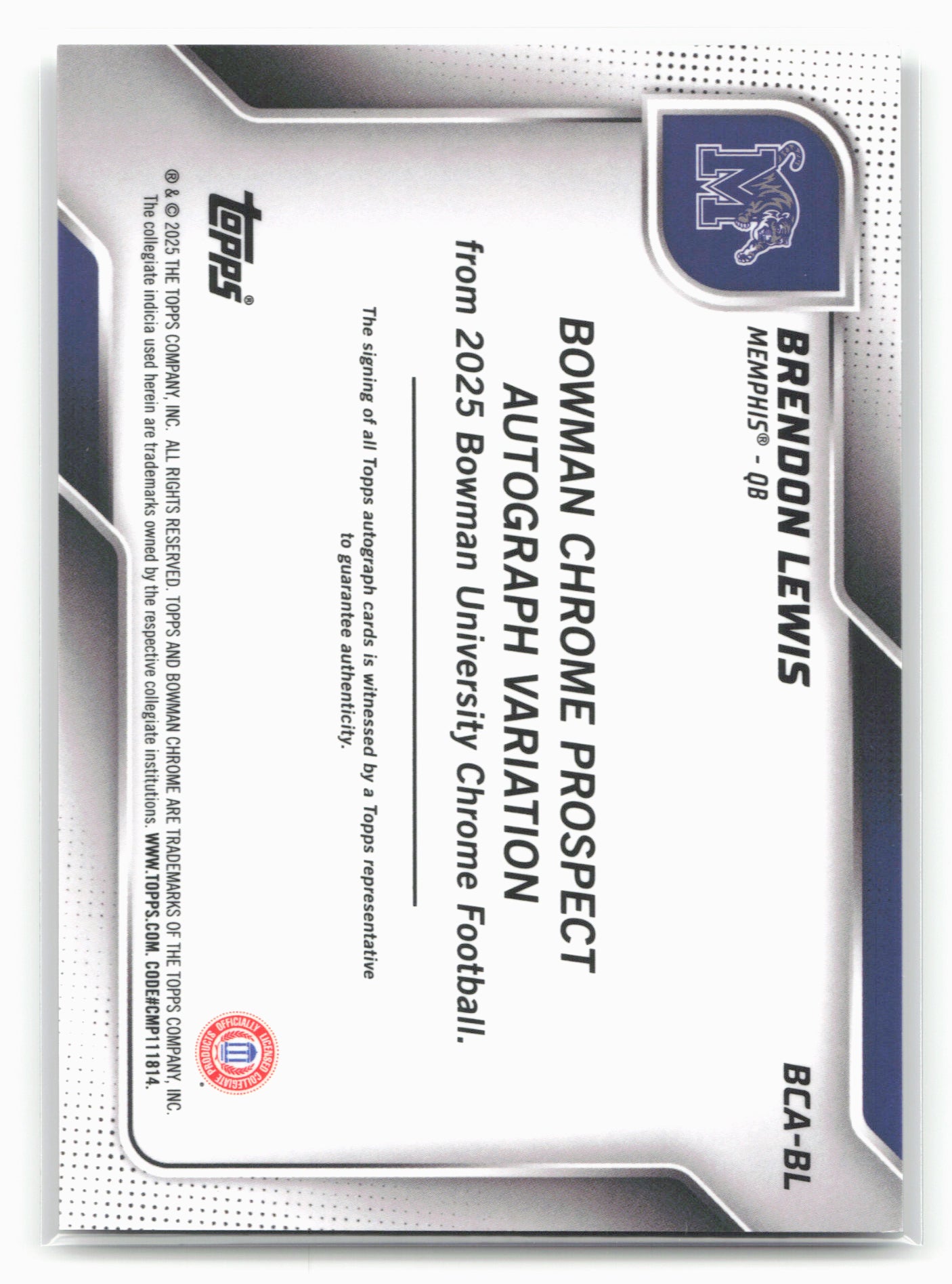 2025 Bowman University Chrome #BCA-BL Brendon Lewis Chrome Prospect Autographs